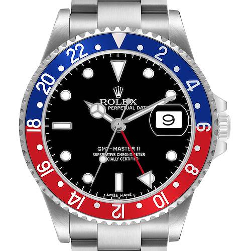 The Rolex GMT-Master 16710 T Men's Stainless Steel Black Dial model is shown from a front angle, displaying the bezel, dial, hands, and date feature.