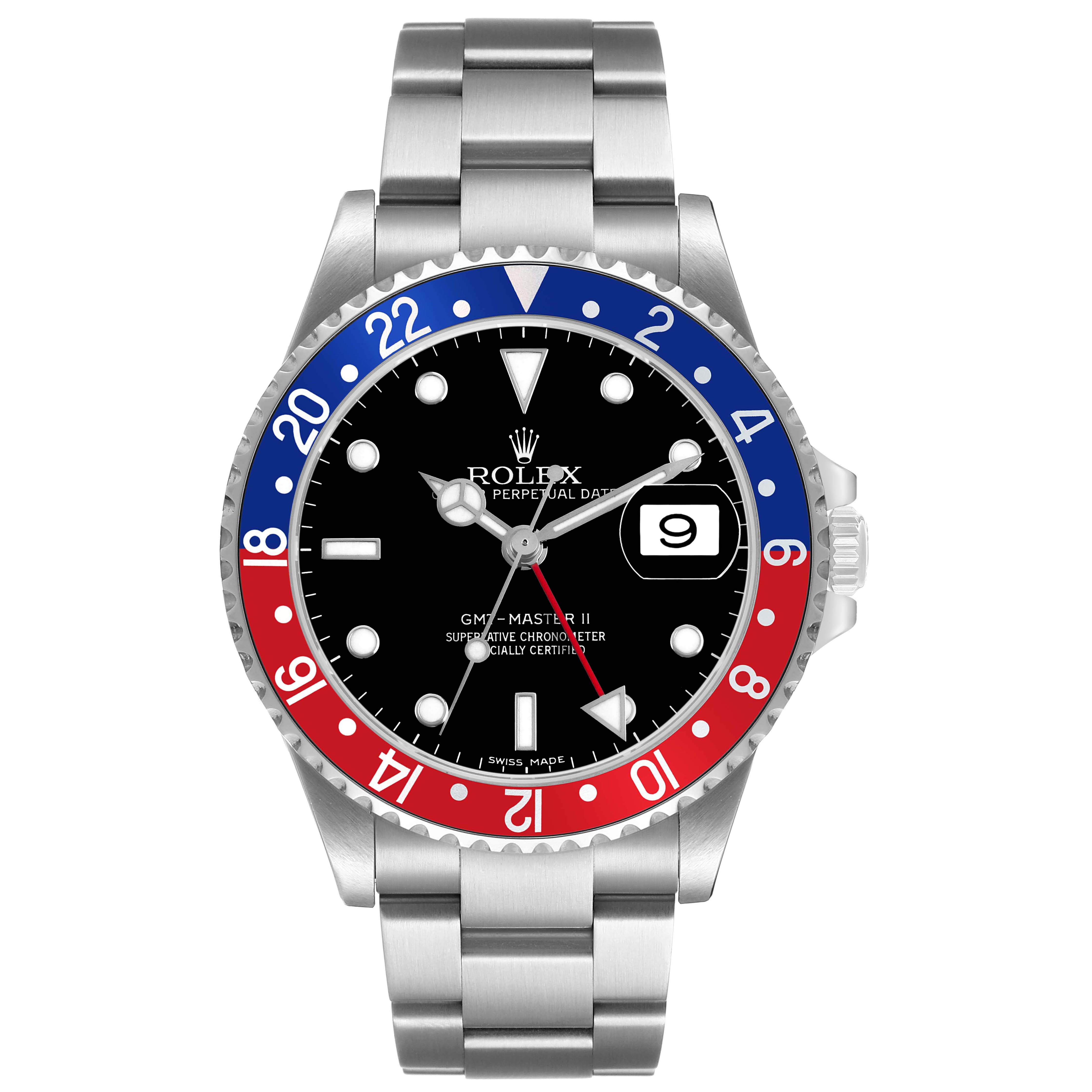 The image shows a front view of the Rolex GMT-Master 16710 T Men's Stainless Steel Black Dial II watch, displaying the bezel, dial, hands, and oyster bracelet.