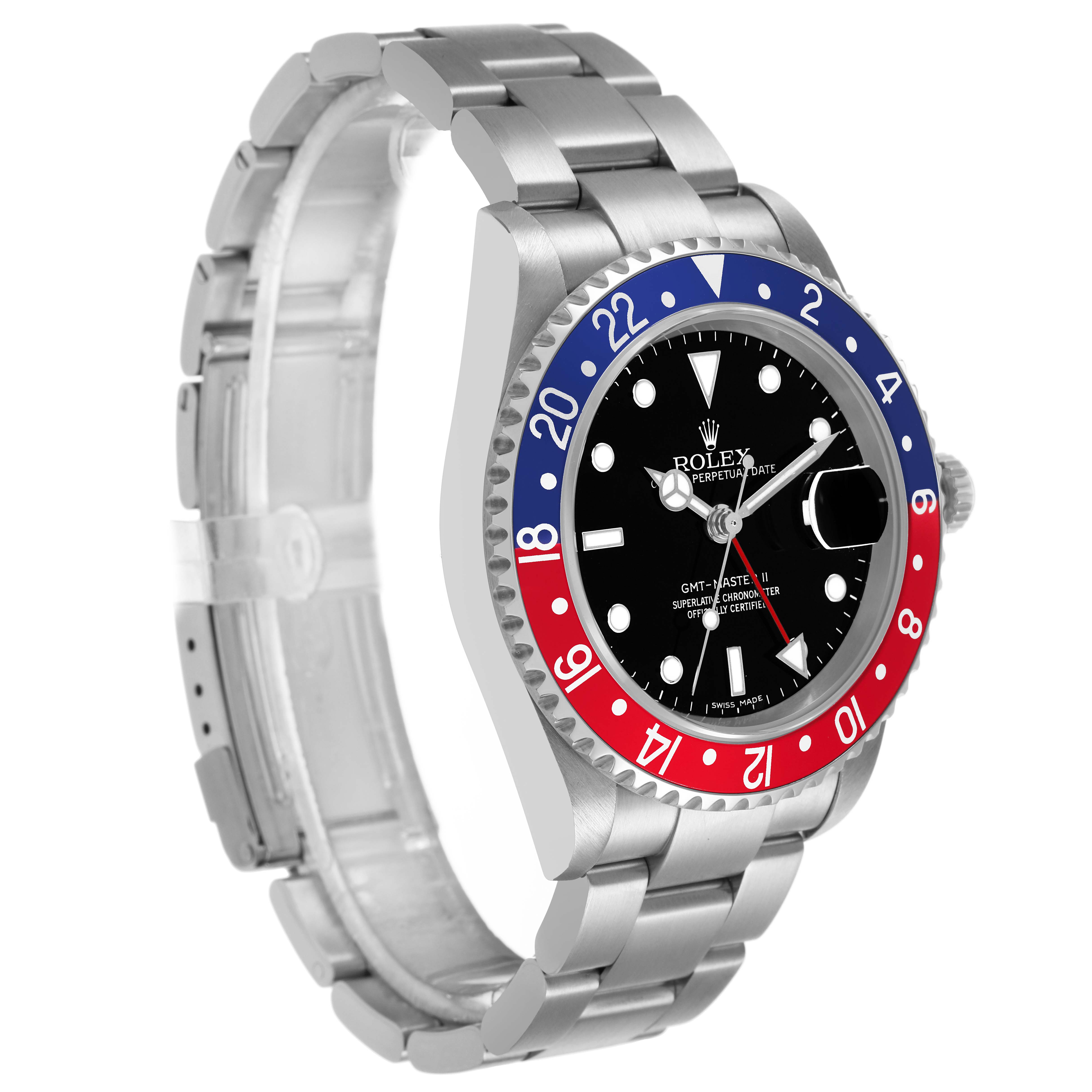 The Rolex GMT-Master 16710 T Men's Stainless Steel Black Dial watch is shown at an angle highlighting the bezel, dial, and bracelet.