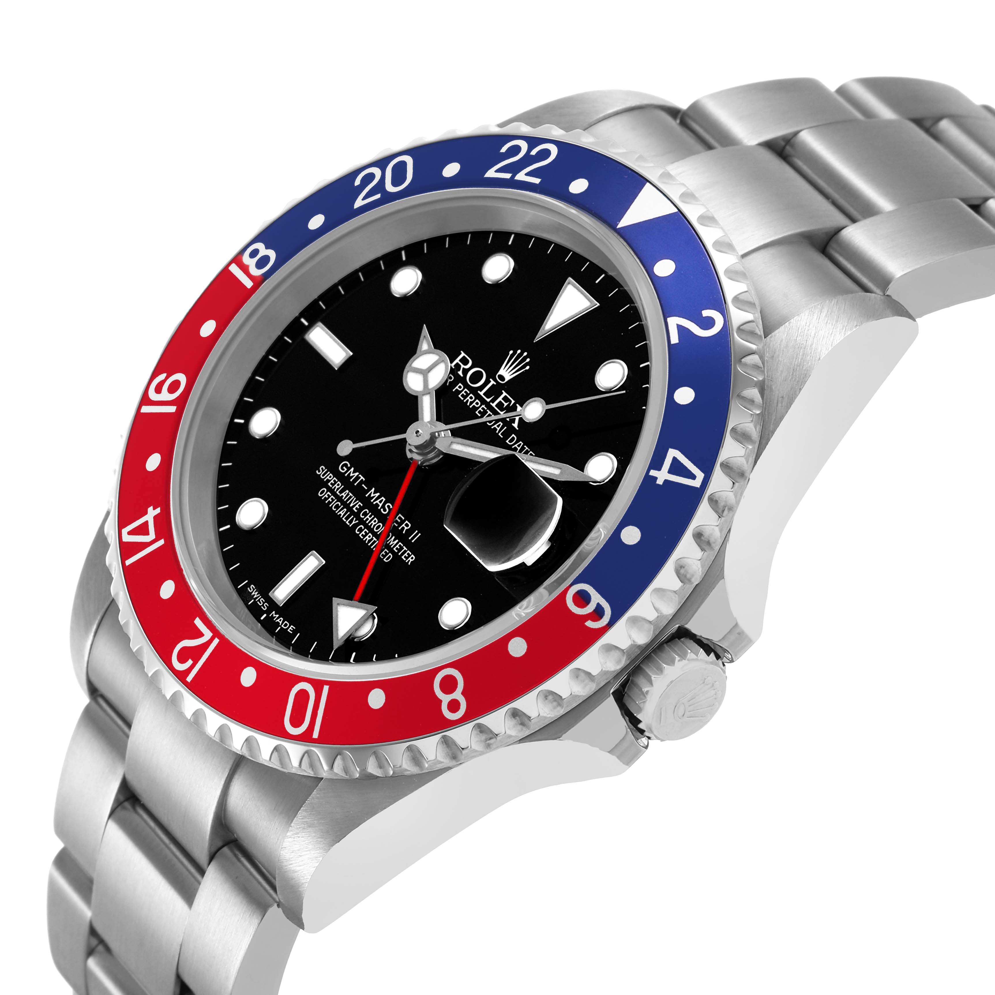 The Rolex GMT-Master 16710 T Men's Stainless Steel Black Dial watch is shown at a diagonal angle, featuring its bezel, dial, and bracelet.