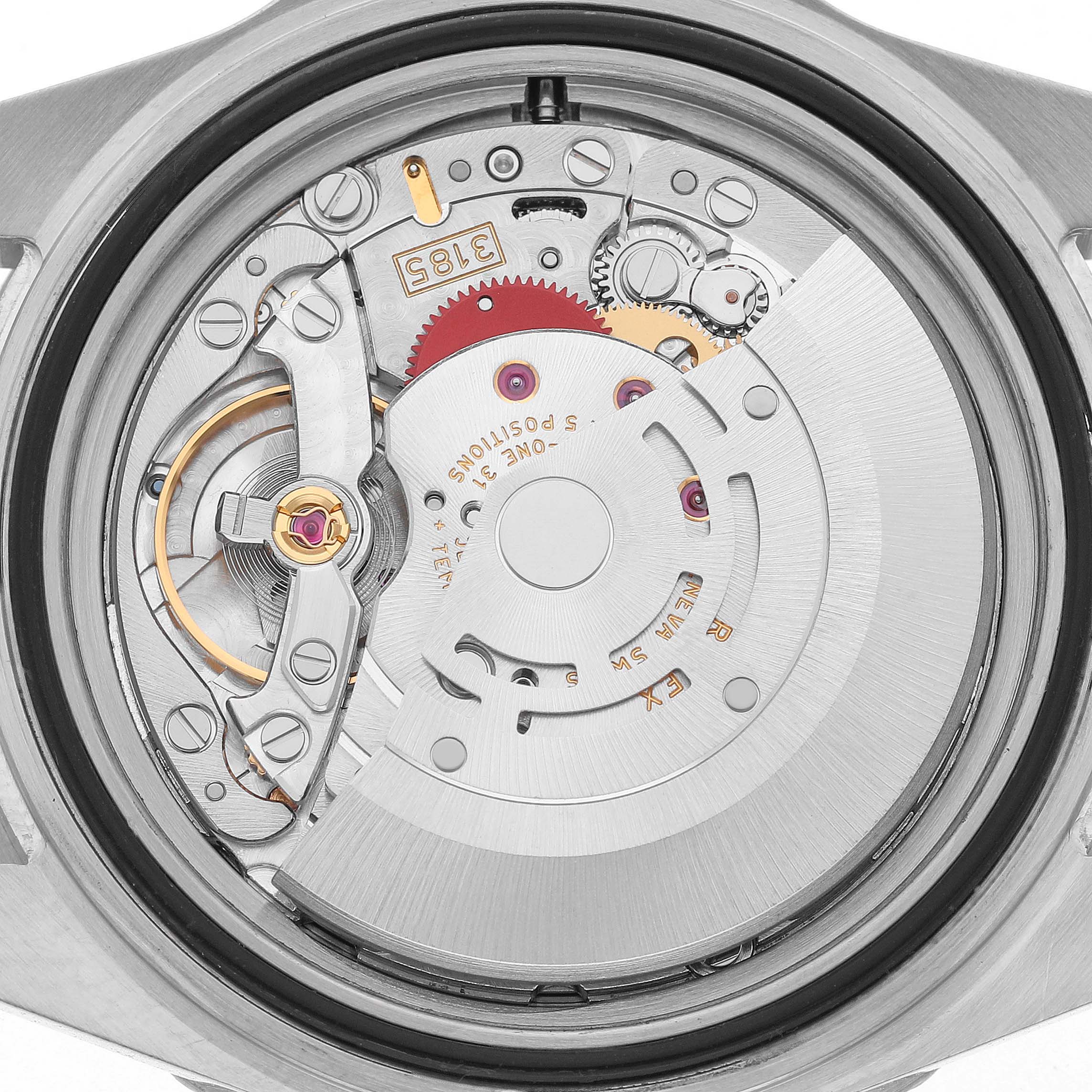 The image shows the movement of a Rolex GMT-Master 16710 T Men's Stainless Steel Black Dial watch from the back, highlighting the rotor and mechanical components.