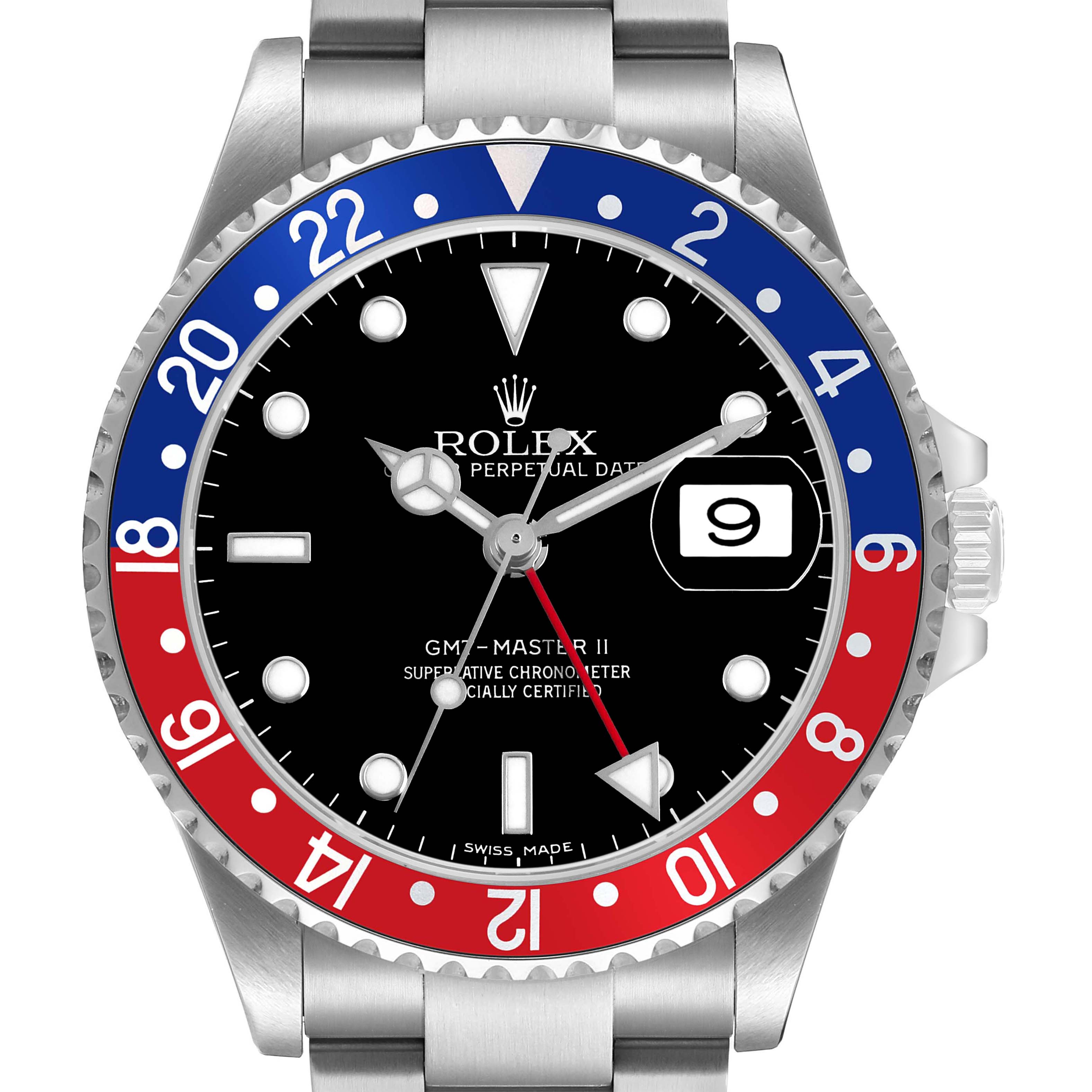 The Rolex GMT-Master 16710 T Men's Stainless Steel Black Dial II watch is shown from a front view, highlighting its bezel, dial, and bracelet.