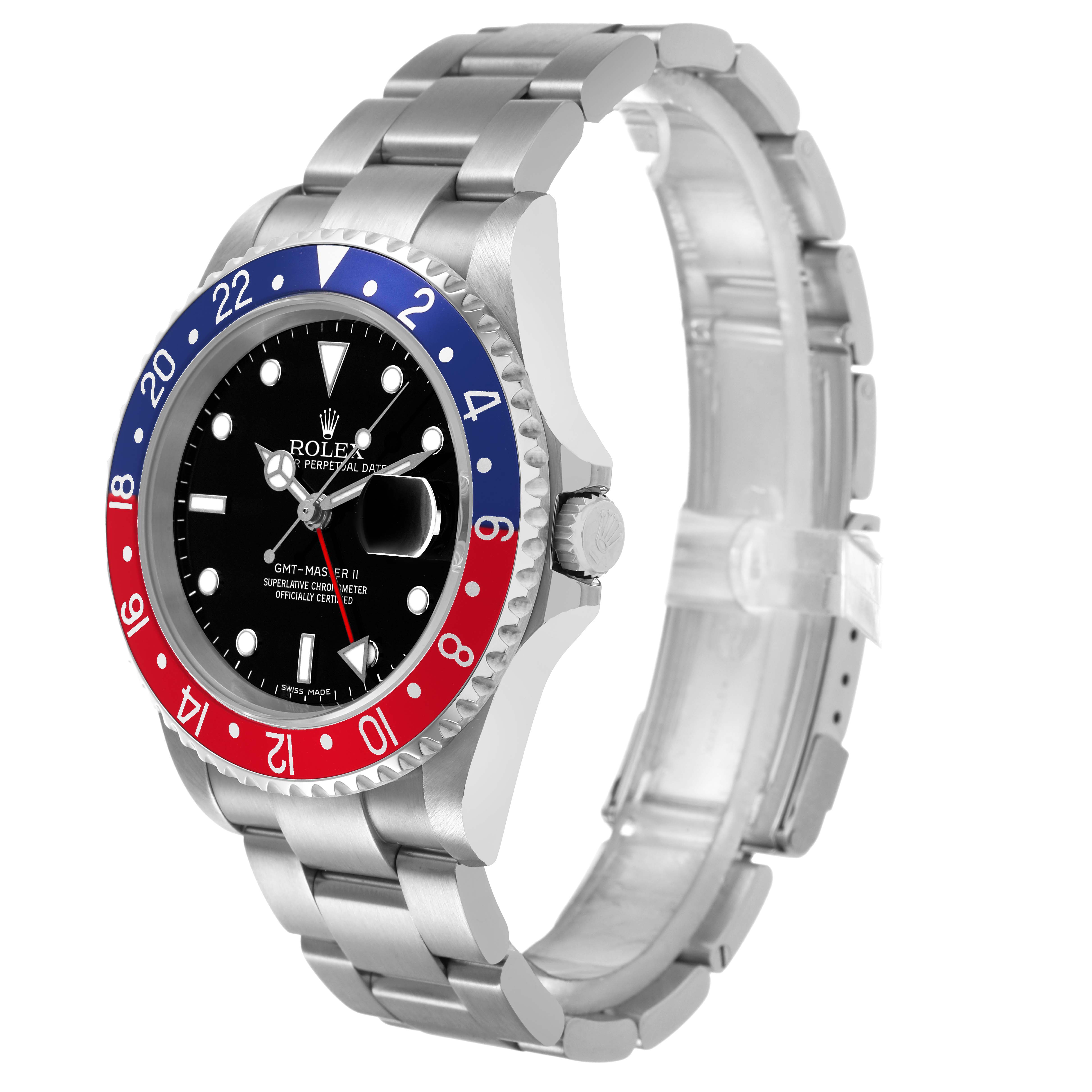 The Rolex GMT-Master 16710 T Men's Stainless Steel Black Dial watch is shown at a three-quarter angle, displaying the bezel, dial, and bracelet.