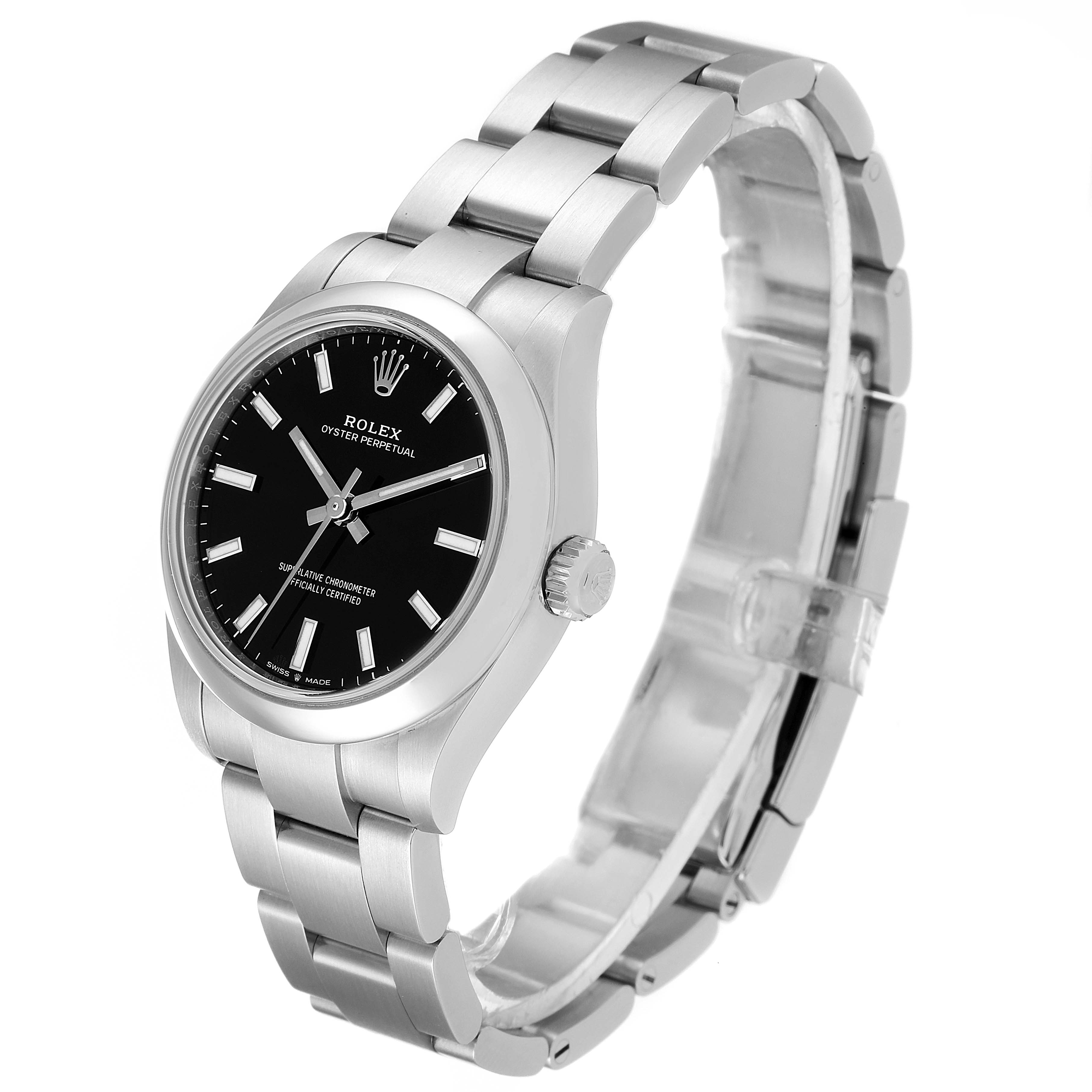 The image shows a Rolex Oyster Perpetual Mid-Size watch at a three-quarter angle, highlighting the bracelet, case, and dial.