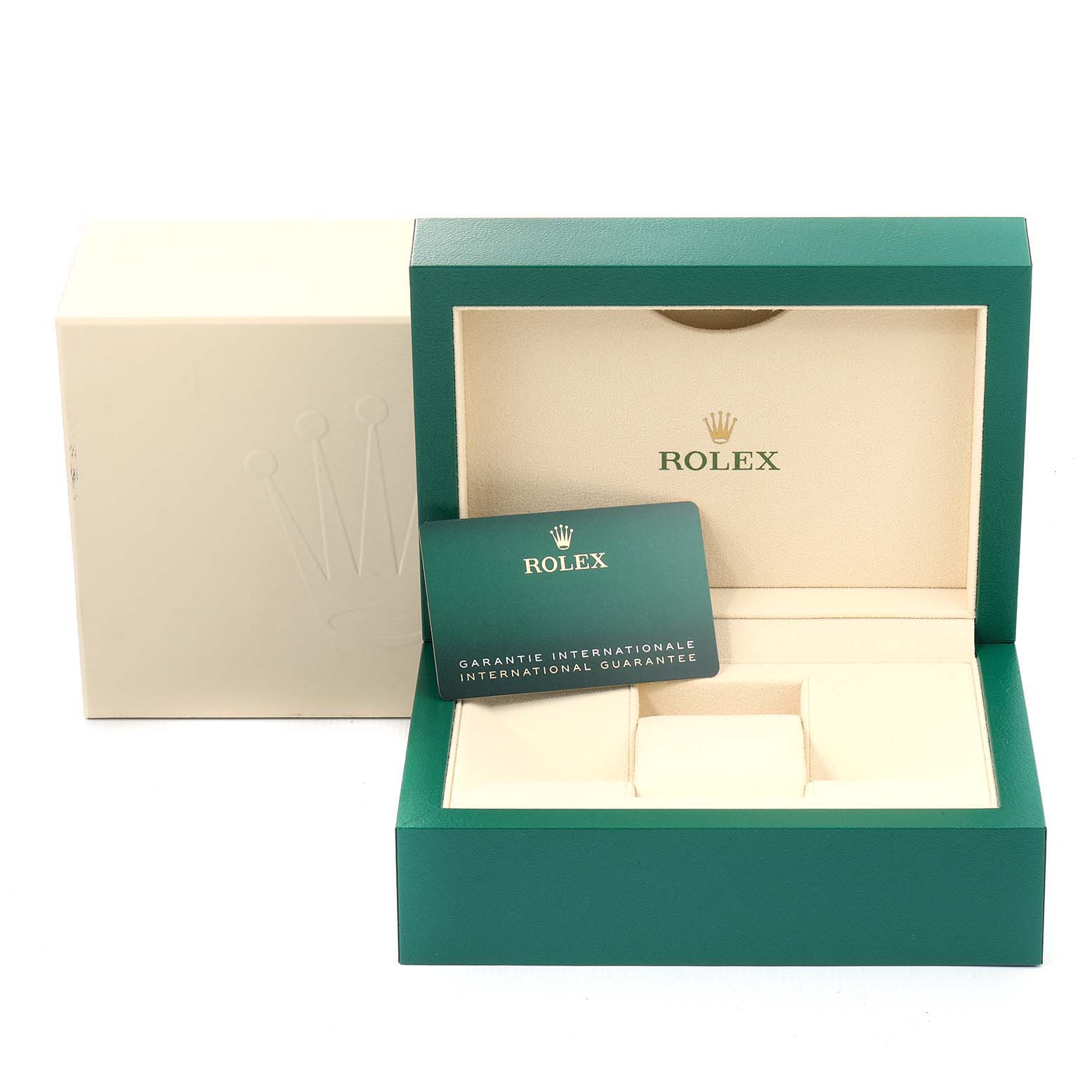 The image shows the Rolex Mid-Size 277200 Women's Stainless Steel Black Dial 277200 Women's Stainless Steel Black Dial model's open box, warranty card, and outer box from a front angle.