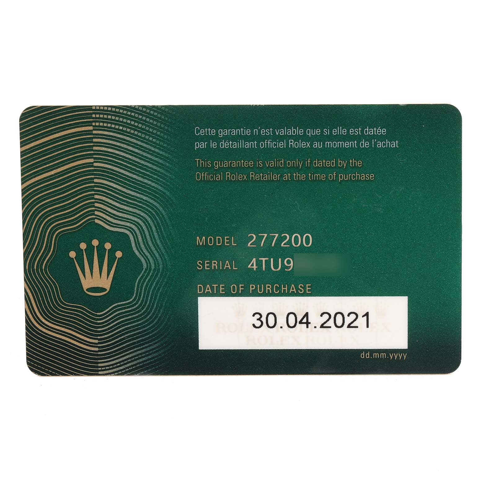 This image shows a warranty card for a Rolex Mid-Size 277200 Women's Stainless Steel Black Dial 277200 Women's Stainless Steel Black Dial model 277200, with the serial number and date of purchase displayed.