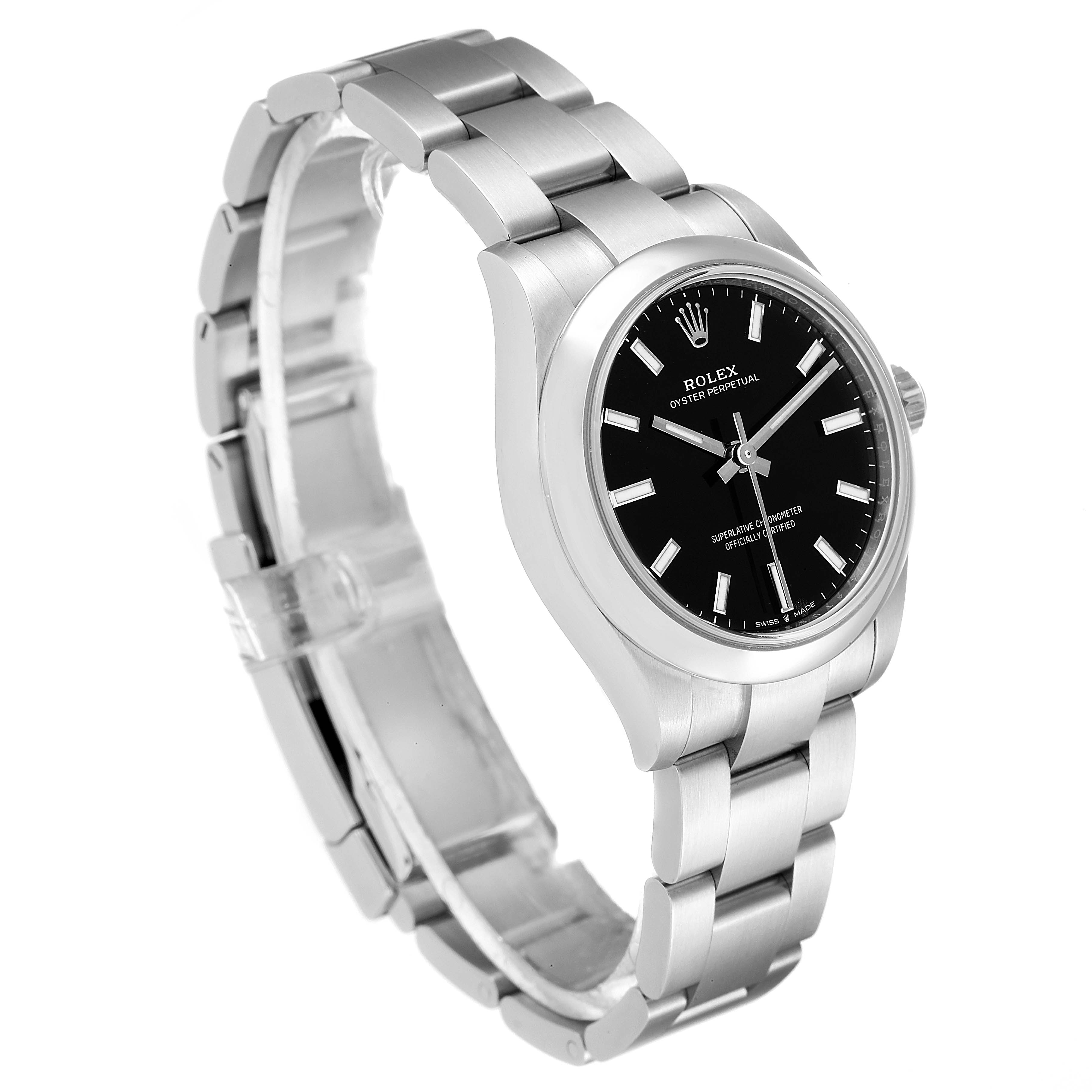 The image shows a side view of a Rolex Mid-Size 277200 Women's Stainless Steel Black Dial 277200 Women's Stainless Steel Black Dial model, featuring the watch's black dial, silver case, and bracelet.