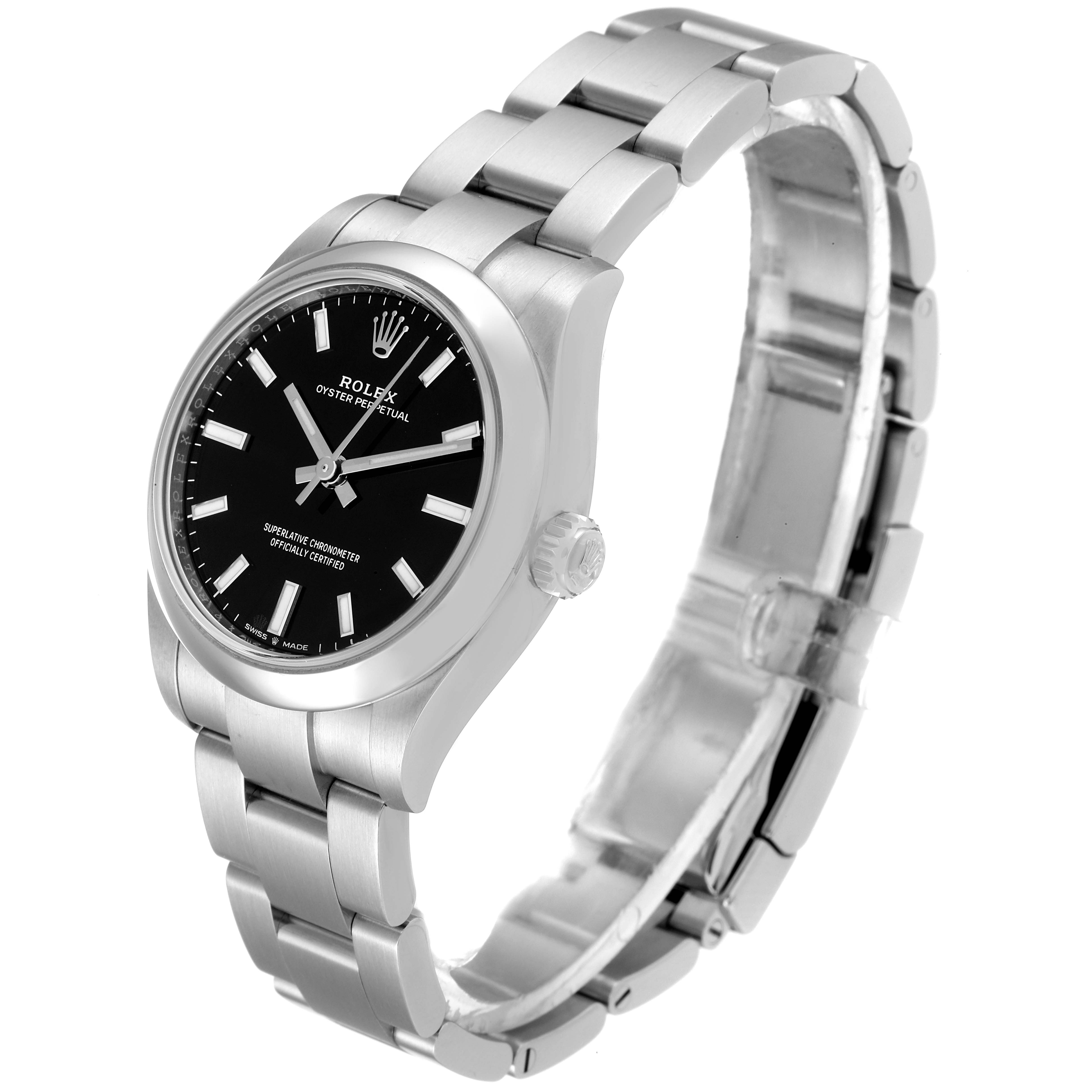 This image shows a Rolex Mid-Size 277200 Women's Stainless Steel Black Dial 277200 Women's Stainless Steel Black Dial Oyster Perpetual watch at an angled side view, highlighting the face, bezel, crown, and bracelet.