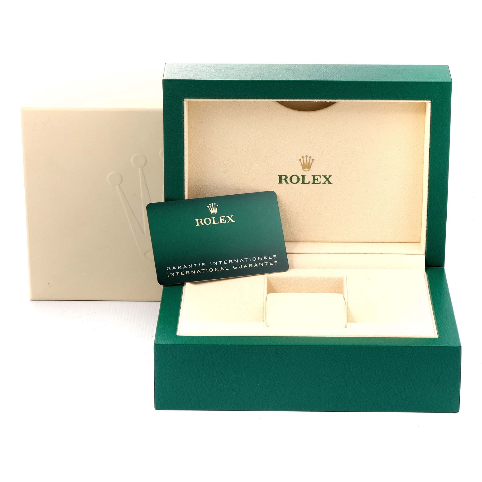 The image shows a green Rolex watch box for a Mid-Size model, with a warranty card placed inside.