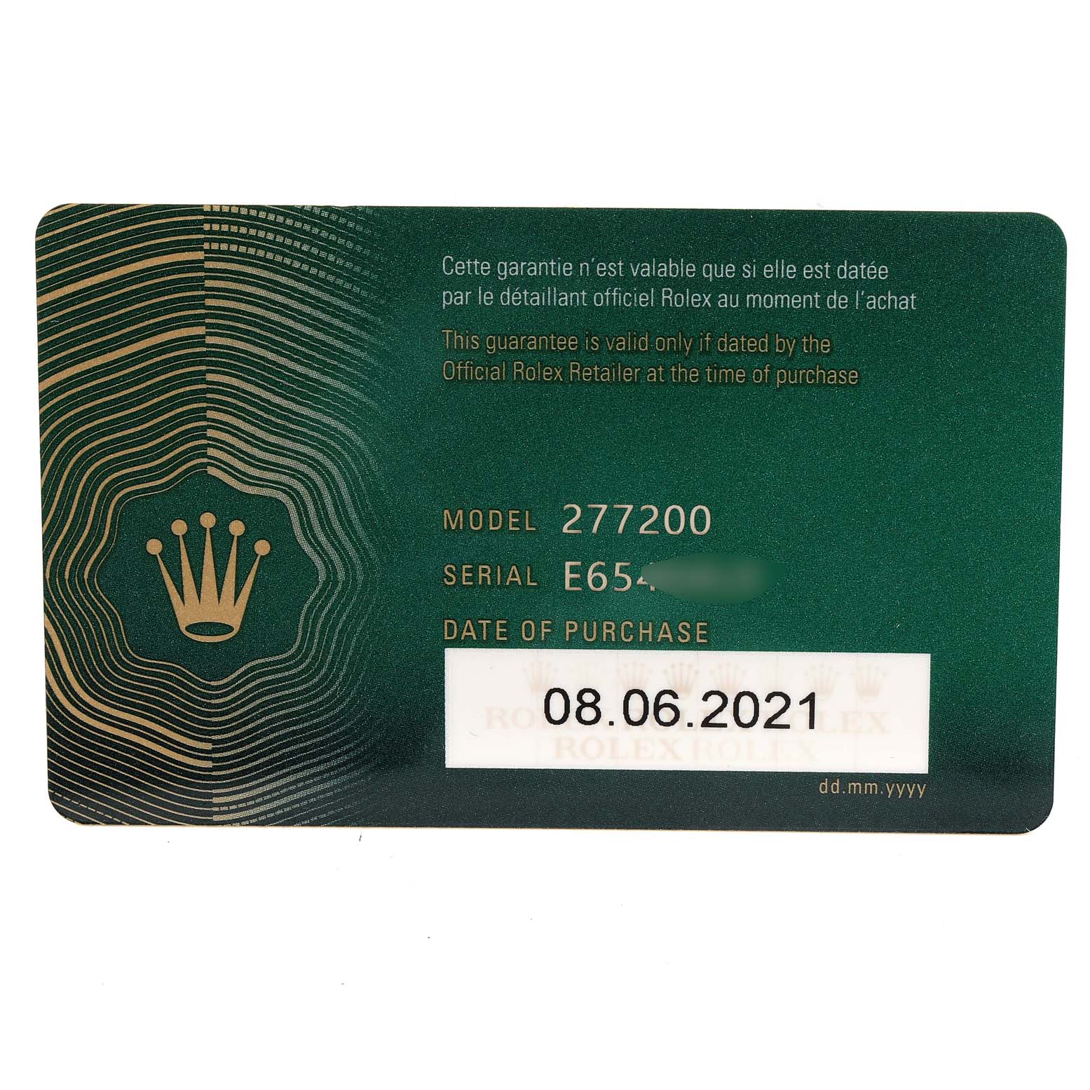 This is a warranty card for a Rolex Mid-Size 277200 Women's Stainless Steel Black Dial 277200 Women's Stainless Steel Black Dial model 277200 watch, showing model, serial number, and date of purchase.