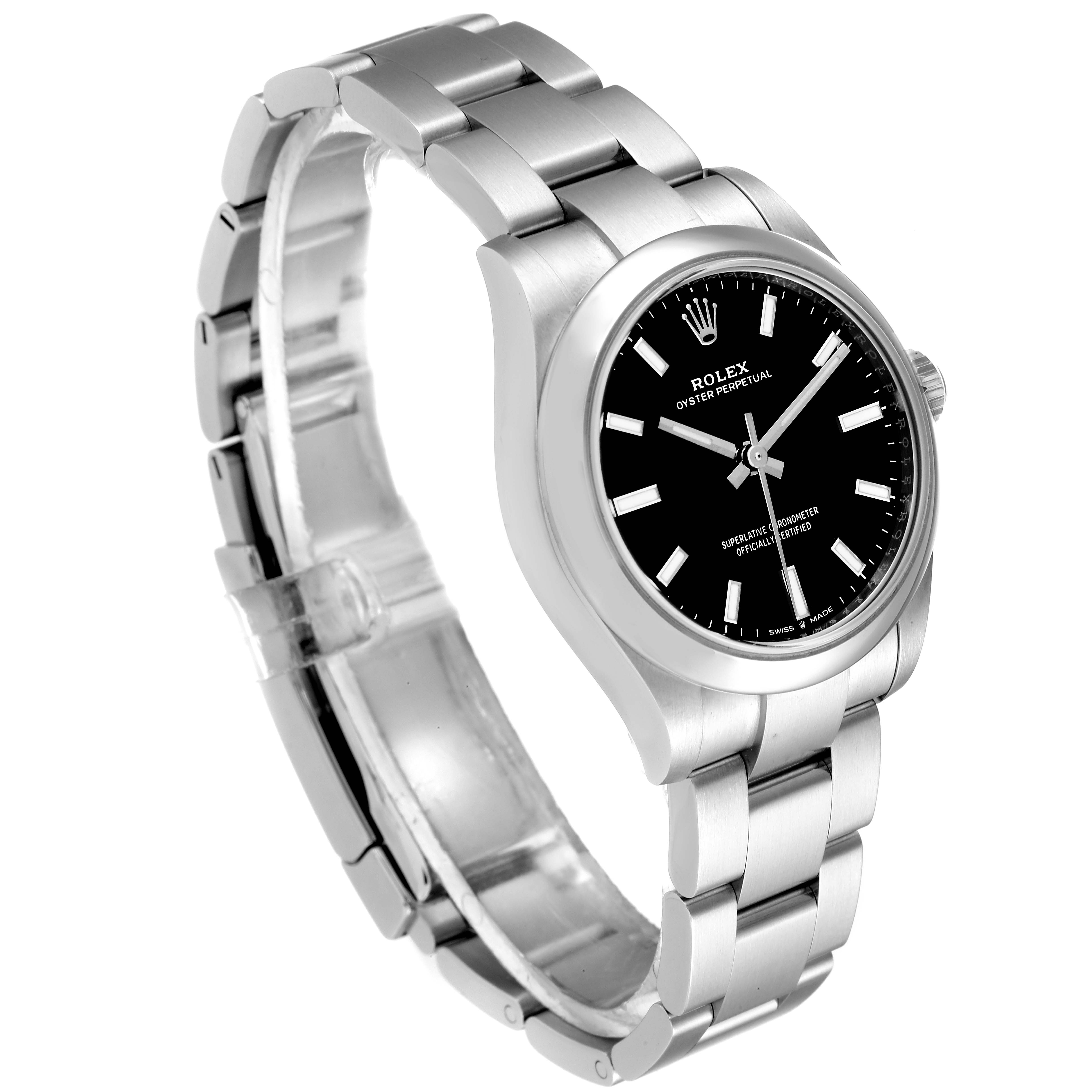 The image shows a Mid-Size Rolex watch at a slight angle, featuring its black dial, stainless steel case, and bracelet.