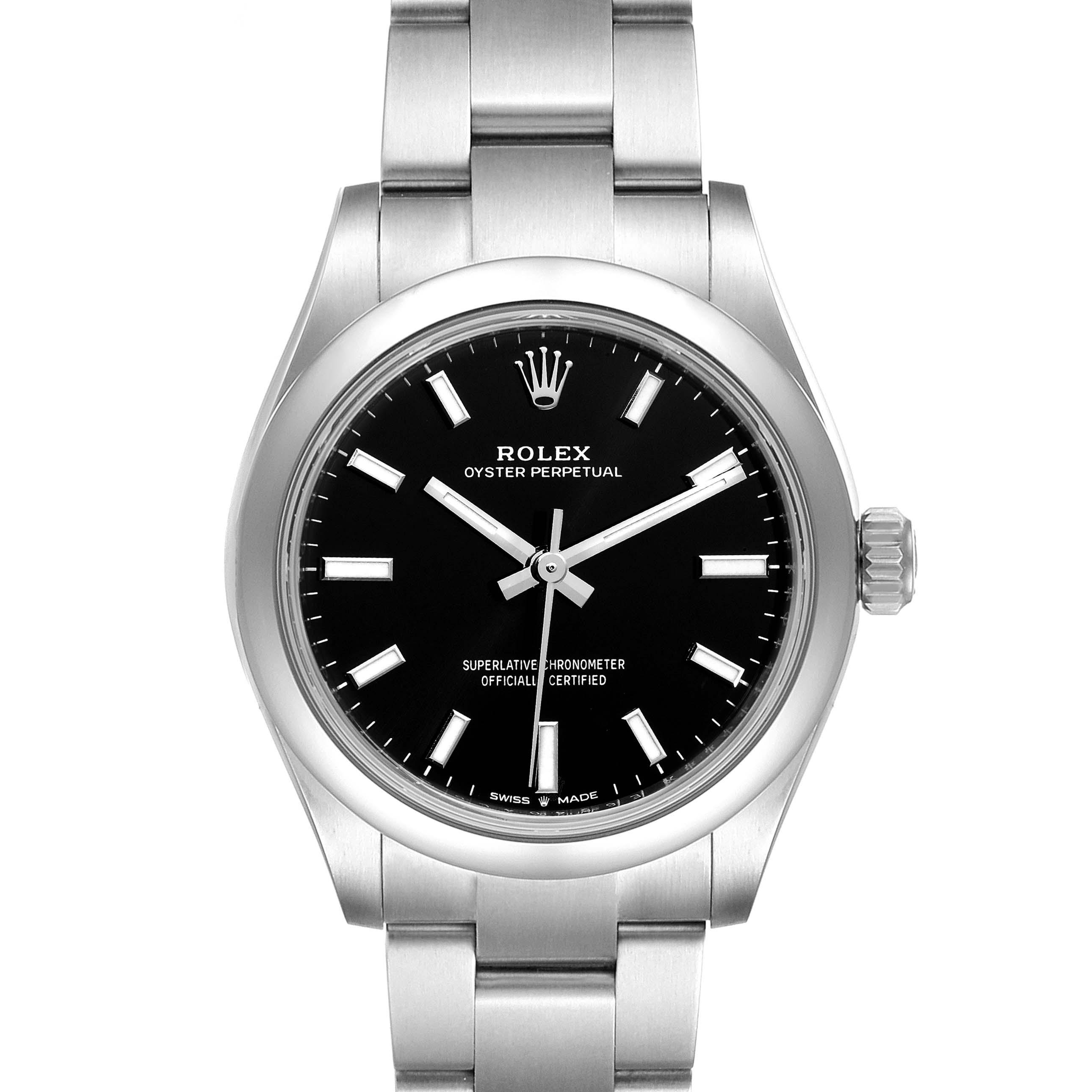 The Rolex Mid-Size 277200 Women's Stainless Steel Black Dial 277200 Women's Stainless Steel Black Dial Oyster Perpetual watch is shown from a front angle, highlighting the black dial, case, and bracelet.