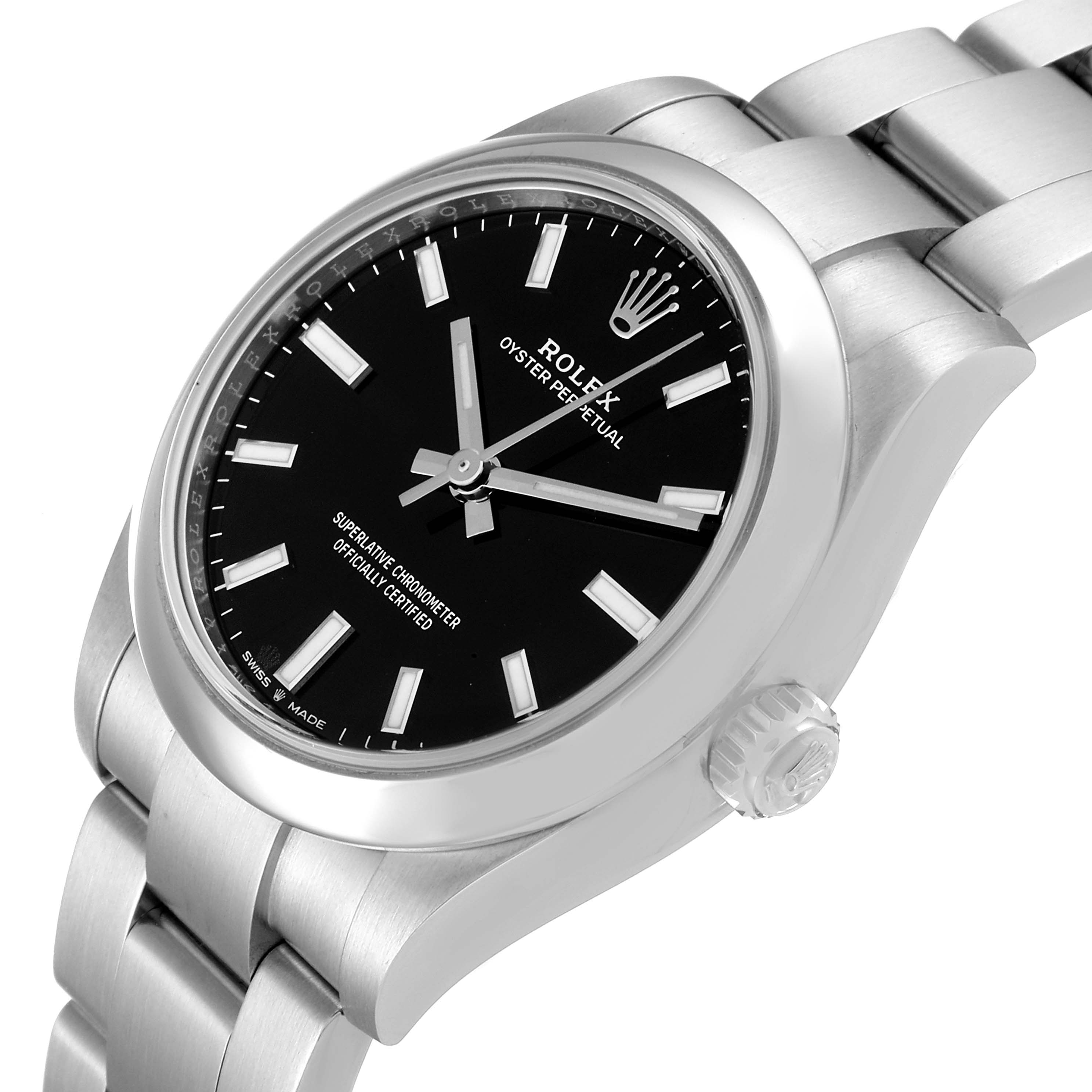 The image shows a close-up side angle of the Rolex Mid-Size 277200 Women's Stainless Steel Black Dial 277200 Women's Stainless Steel Black Dial Oyster Perpetual watch, highlighting the dial, crown, and bracelet.