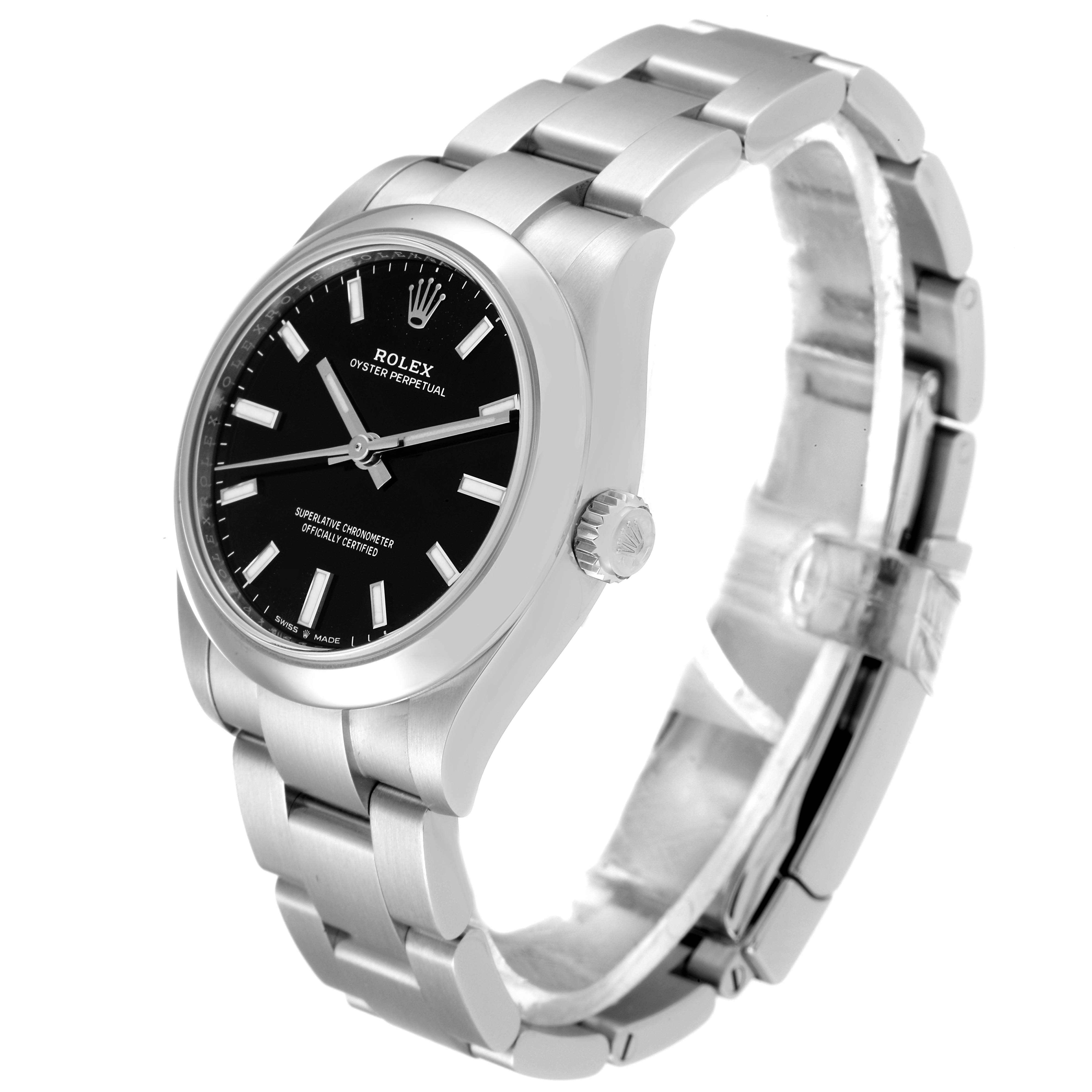 The image shows a Rolex Mid-Size 277200 Women
s Stainless Steel Black Dial 277200 Women
s Stainless Steel Black Dial watch at a 3 o
clock angle, displaying its black dial, metal case, bracelet, and crown.