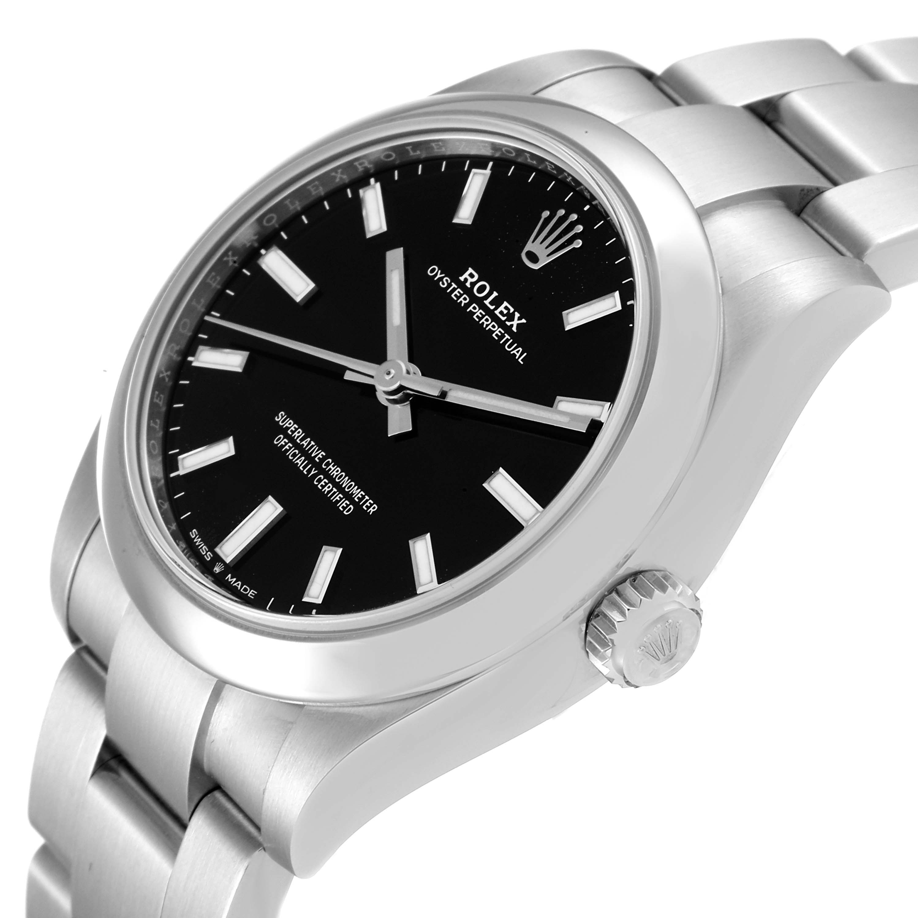 This image shows a Rolex Oyster Perpetual Mid-Size watch at a slight side angle, highlighting the dial, case, crown, and bracelet.