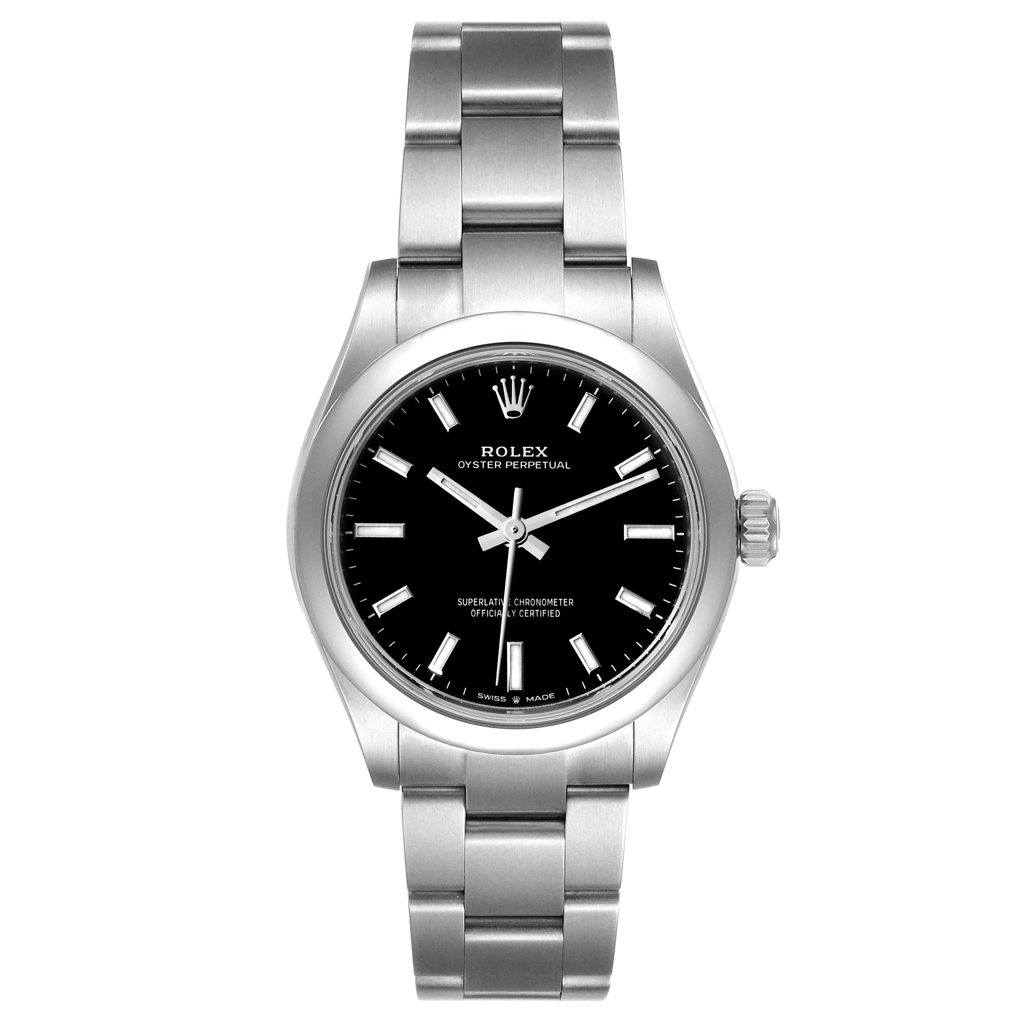 The Rolex Mid-Size 277200 Women
s Stainless Steel Black Dial 277200 Women
s Stainless Steel Black Dial Oyster Perpetual watch is shown from a front angle, displaying the dial, case, and bracelet.