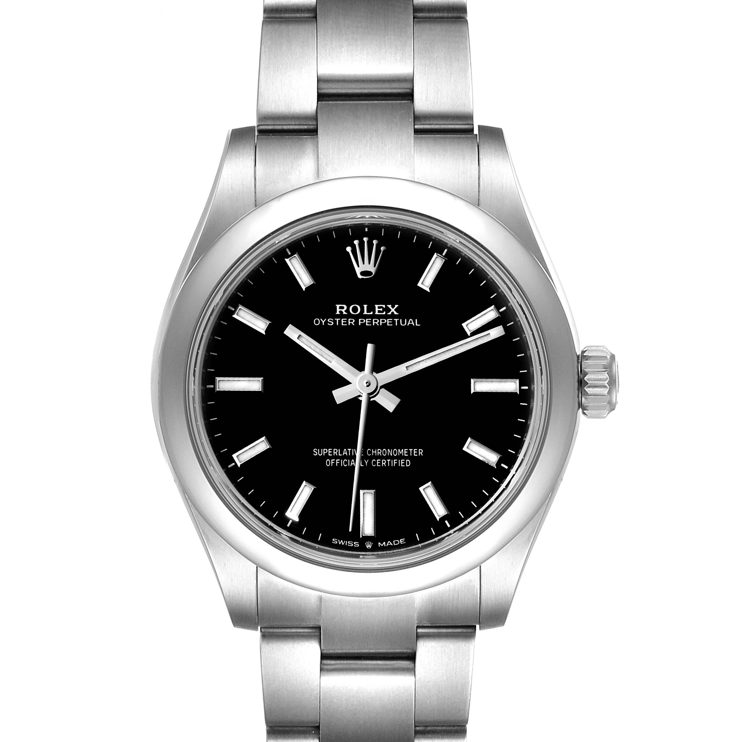 The image shows a front view of a Rolex Mid-Size 277200 Women
s Stainless Steel Black Dial 277200 Women
s Stainless Steel Black Dial Oyster Perpetual watch, displaying the face, bezel, crown, and part of the bracelet.