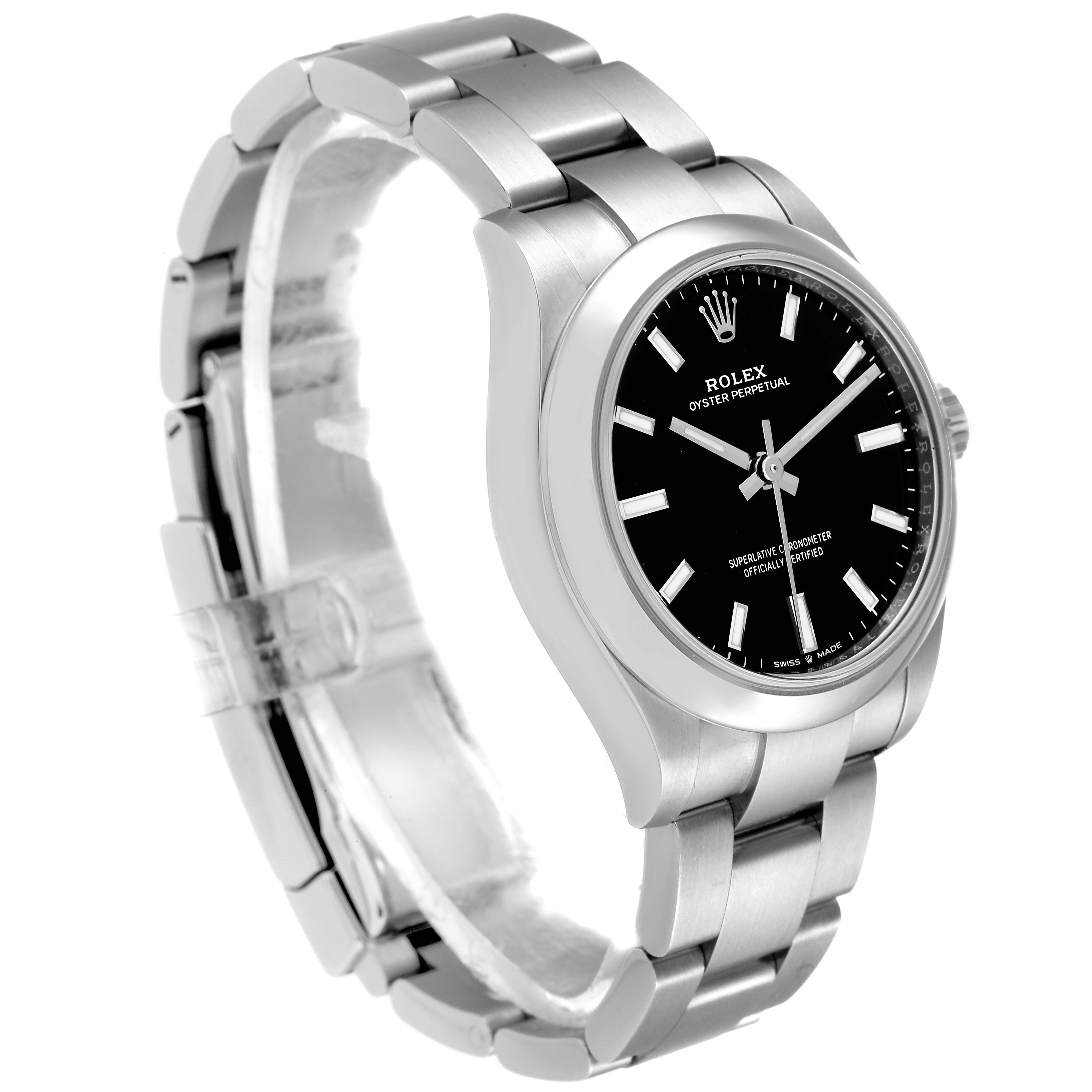 The image shows a side angled view of a Rolex Mid-Size 277200 Women
s Stainless Steel Black Dial 277200 Women
s Stainless Steel Black Dial model, showcasing its black dial, silver case, and stainless steel bracelet.