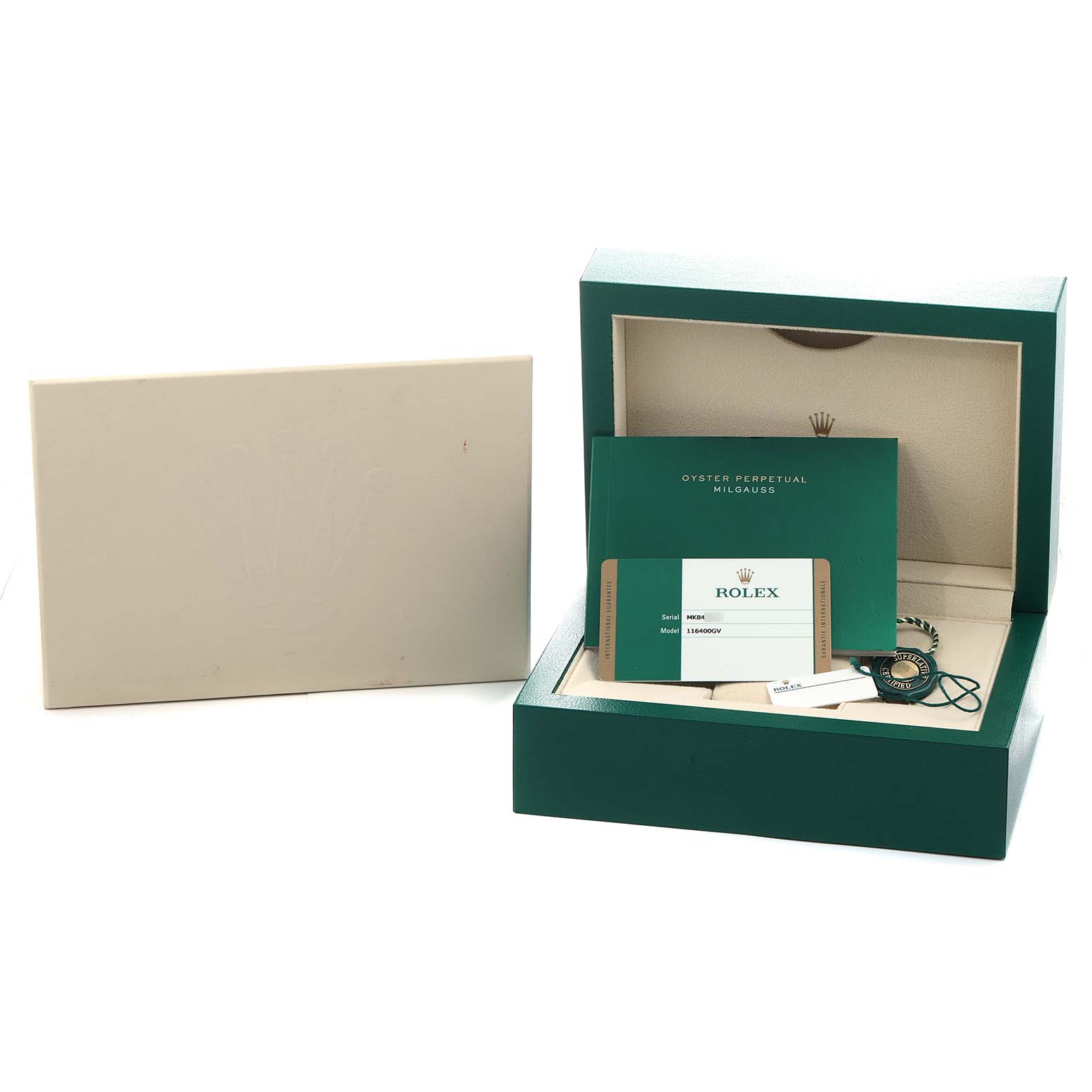 The image shows a Rolex Milgauss 116400 Men's Stainless Steel Blue Dial watch box with paperwork and accessories, viewed from the front.