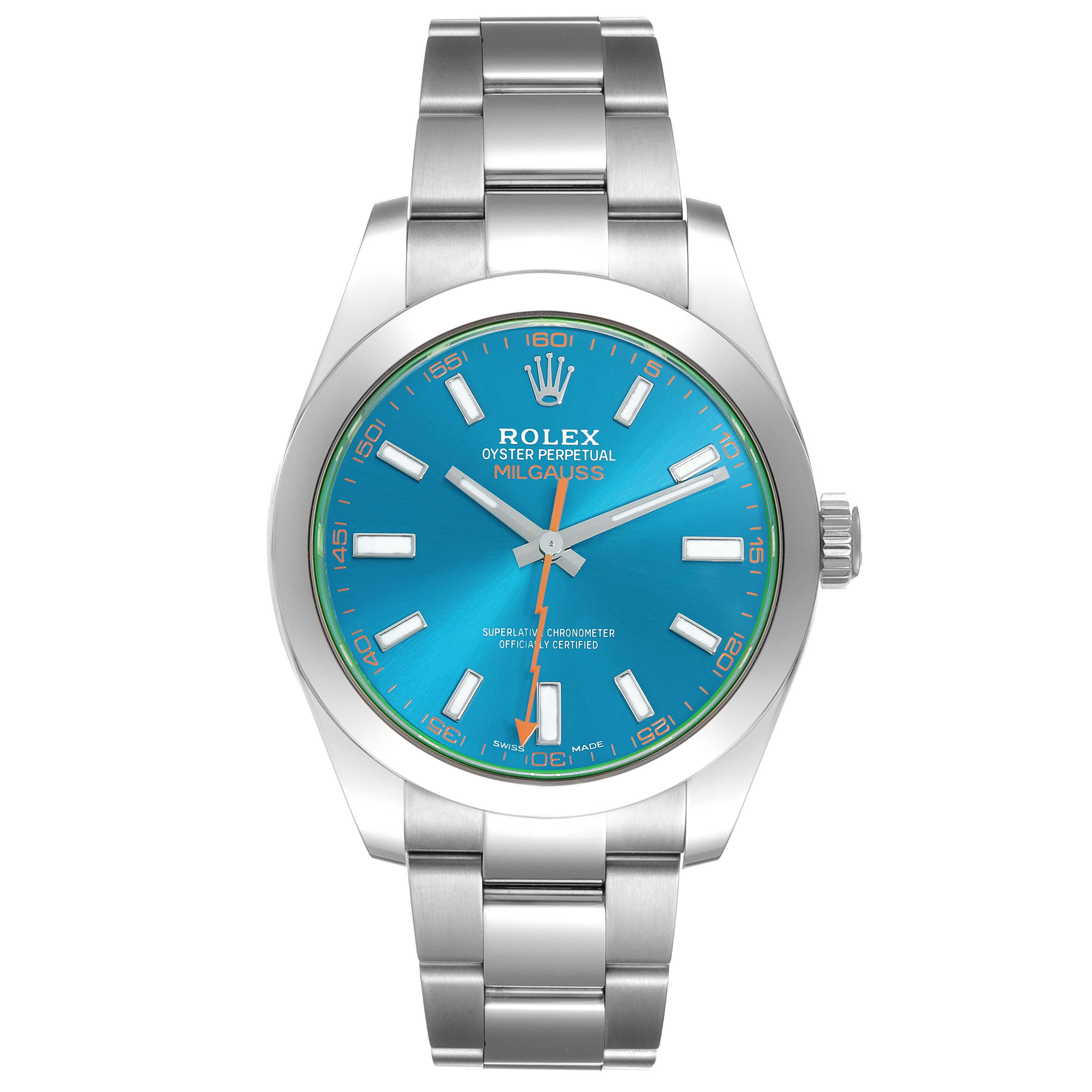 The Rolex Milgauss 116400 Men's Stainless Steel Blue Dial watch is shown from a front angle, displaying the dial, hands, markers, and metal bracelet in detail.