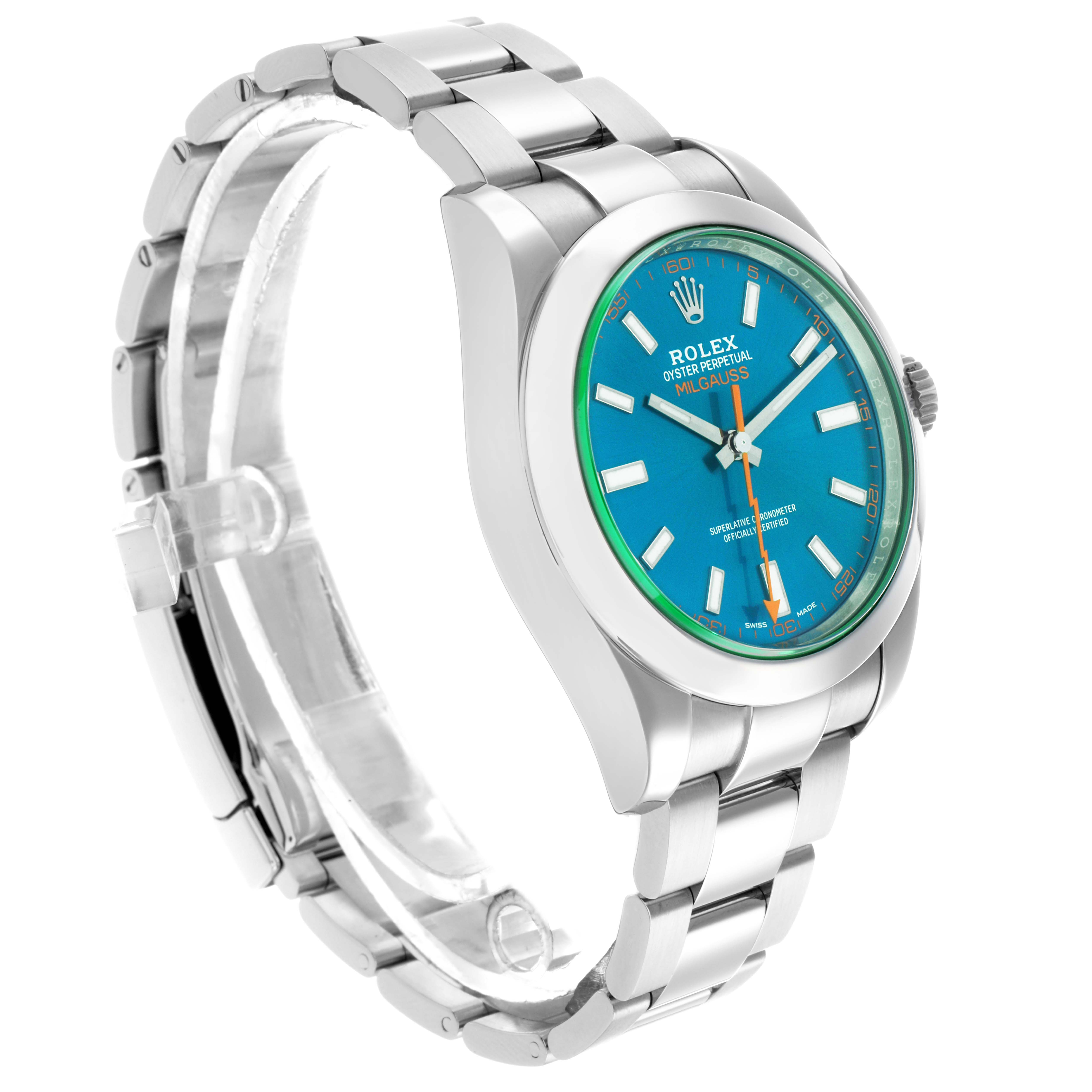 The Rolex Milgauss 116400 Men's Stainless Steel Blue Dial watch is shown at a three-quarter angle, highlighting the face, bracelet, and case.