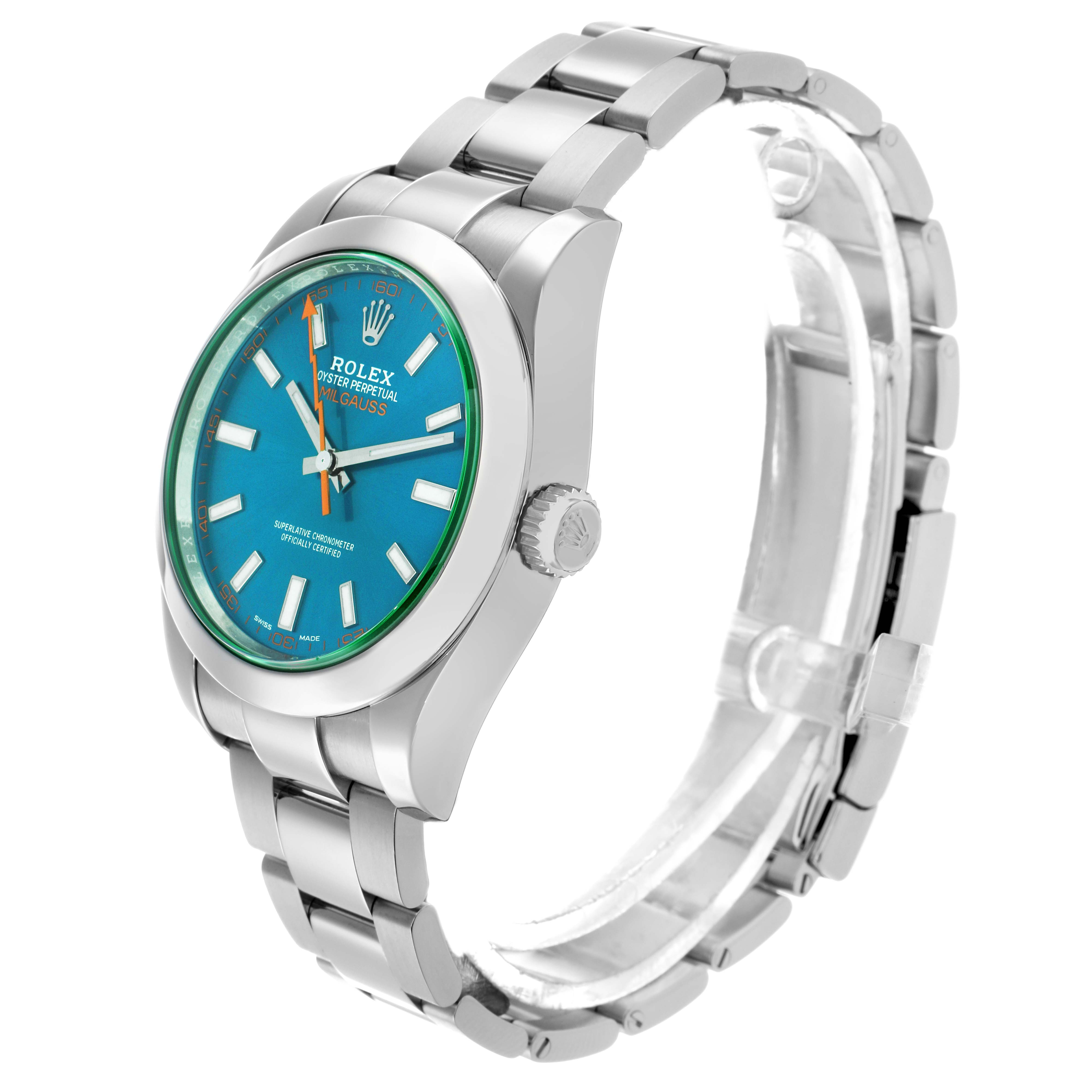 The Rolex Milgauss 116400 Men's Stainless Steel Blue Dial watch is shown at an angled profile, displaying its face, crown, and bracelet.