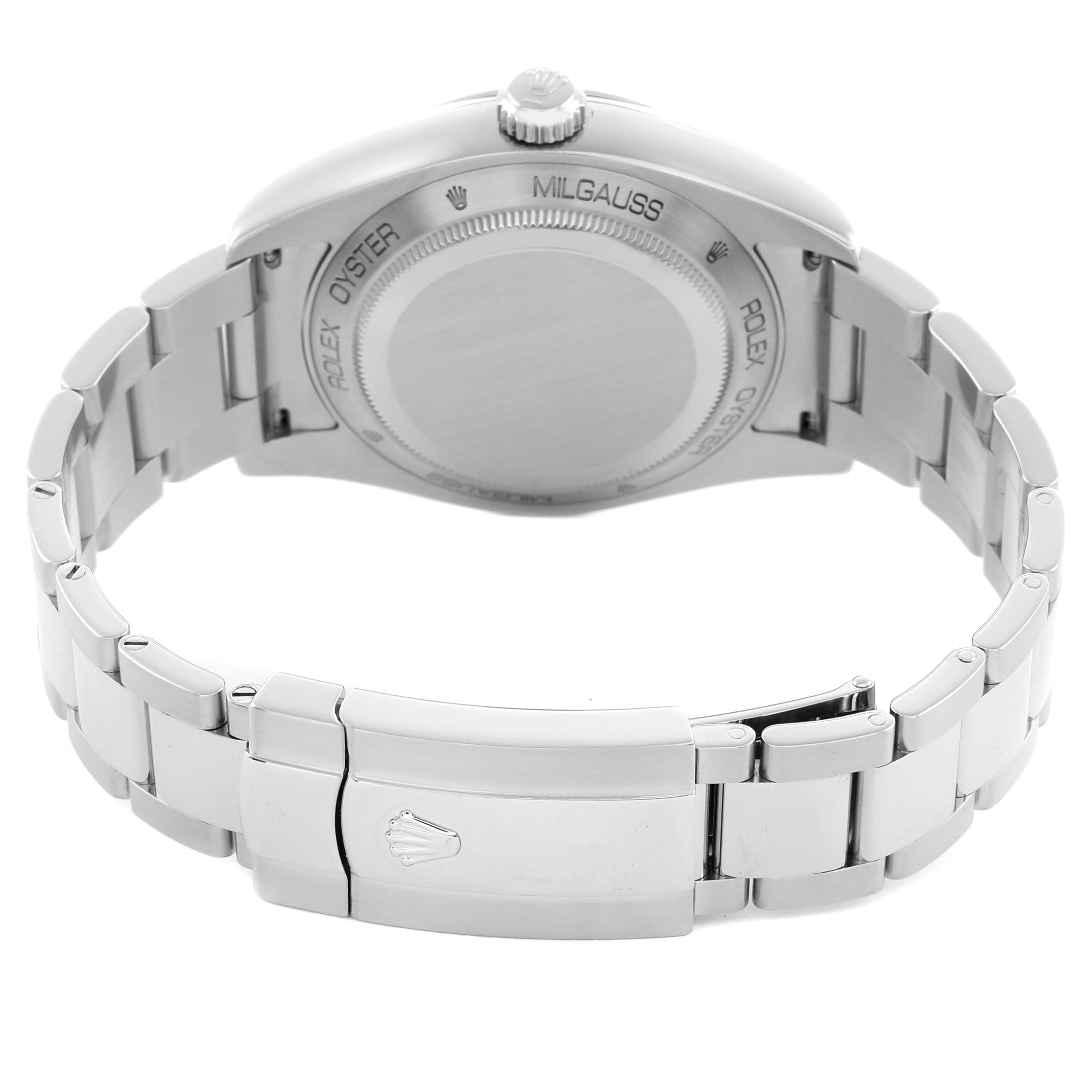 This image shows the back view of the Rolex Milgauss 116400 Men's Stainless Steel Blue Dial watch, highlighting its clasp, bracelet, and case back.