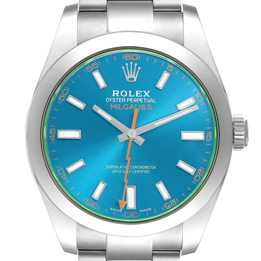 The image features a front view of the Rolex Milgauss 116400 Men's Stainless Steel Blue Dial watch, showing its blue dial, orange second hand, and stainless steel bracelet.