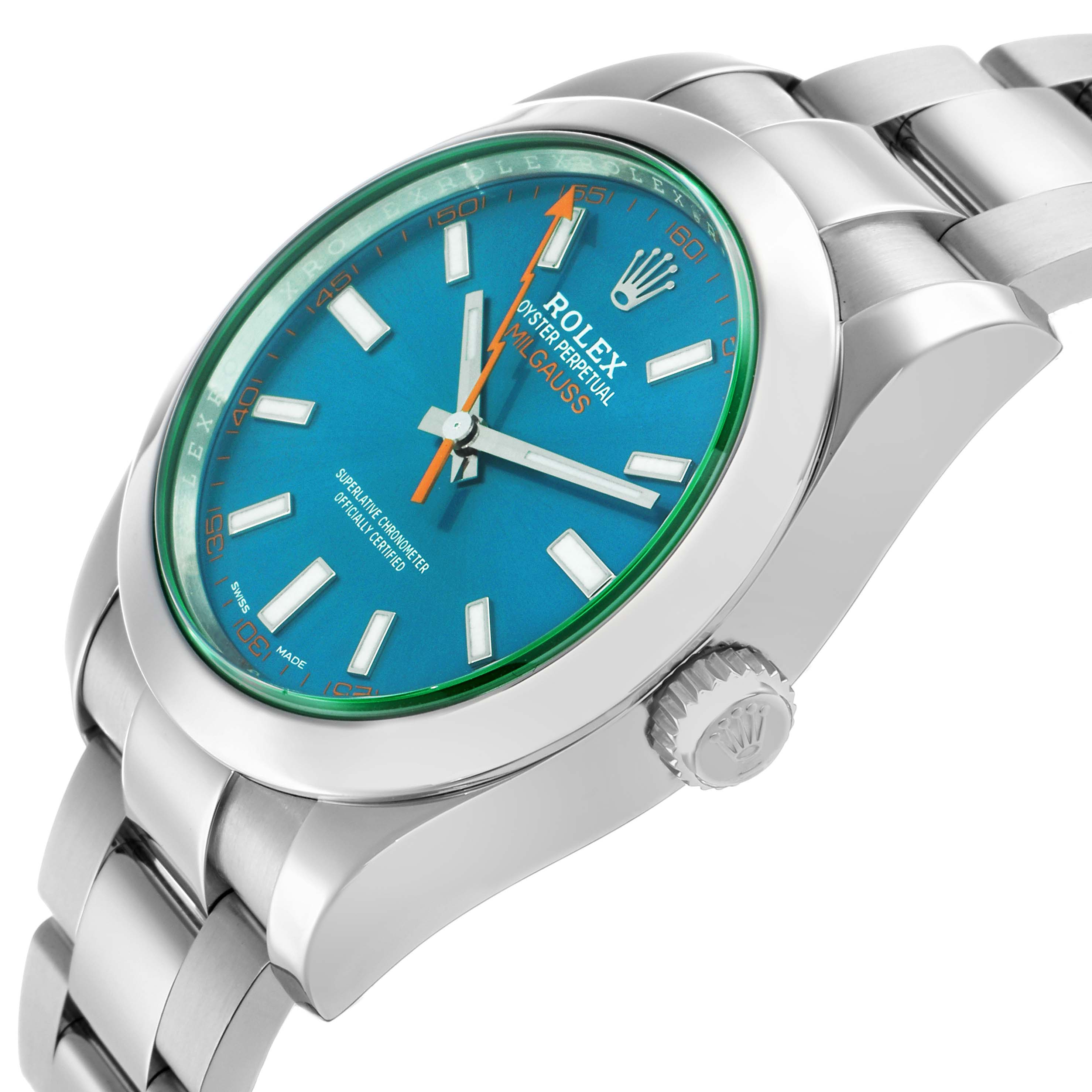 The Rolex Milgauss 116400 Men's Stainless Steel Blue Dial watch is shown at an angled side view, displaying the face, bezel, case, and part of the bracelet.