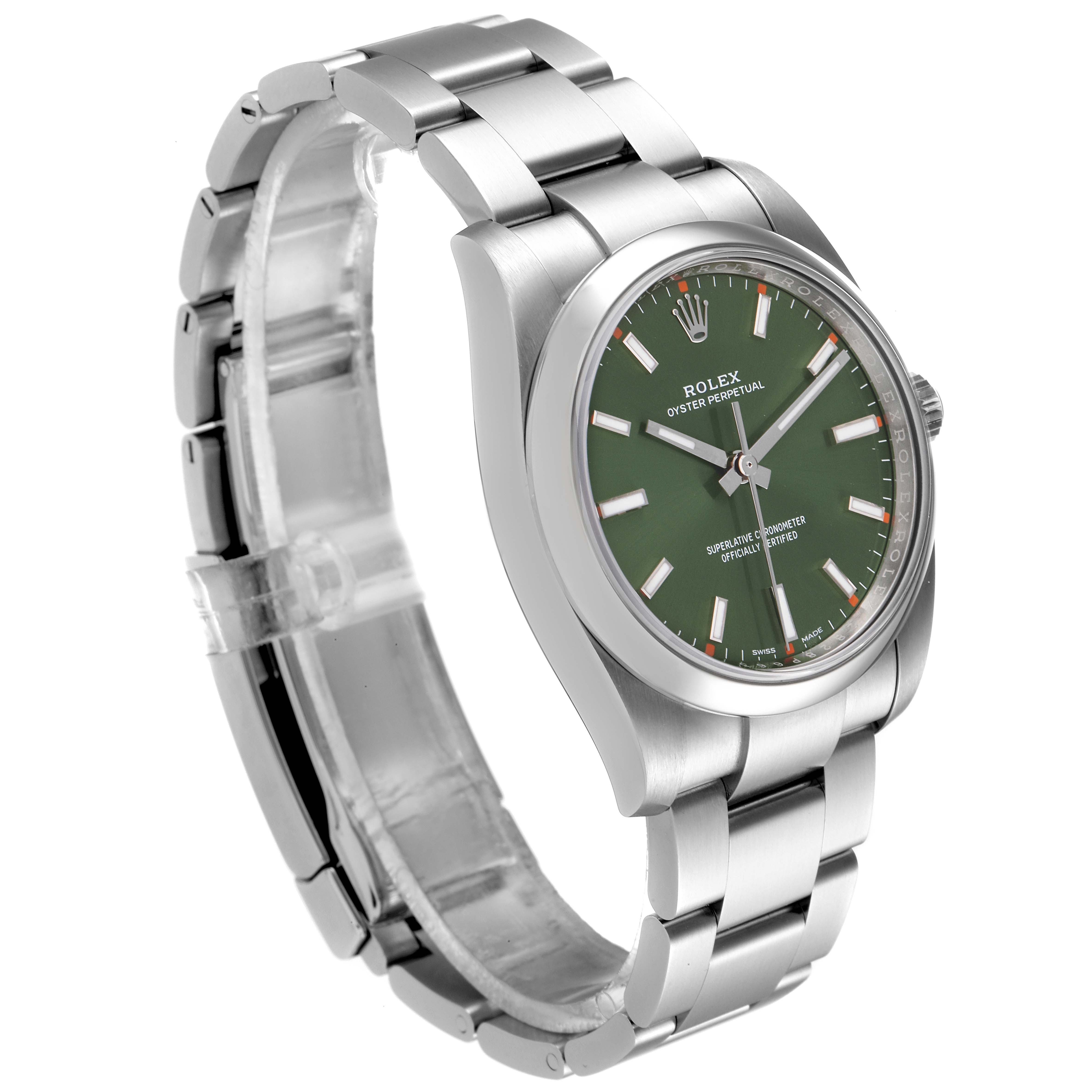 The image shows a side angle of a Rolex Oyster Perpetual 114200 Men
s Stainless Steel Green Dial 114200 Men
s Stainless Steel Green Dial watch, highlighting its stainless steel bracelet and green dial.