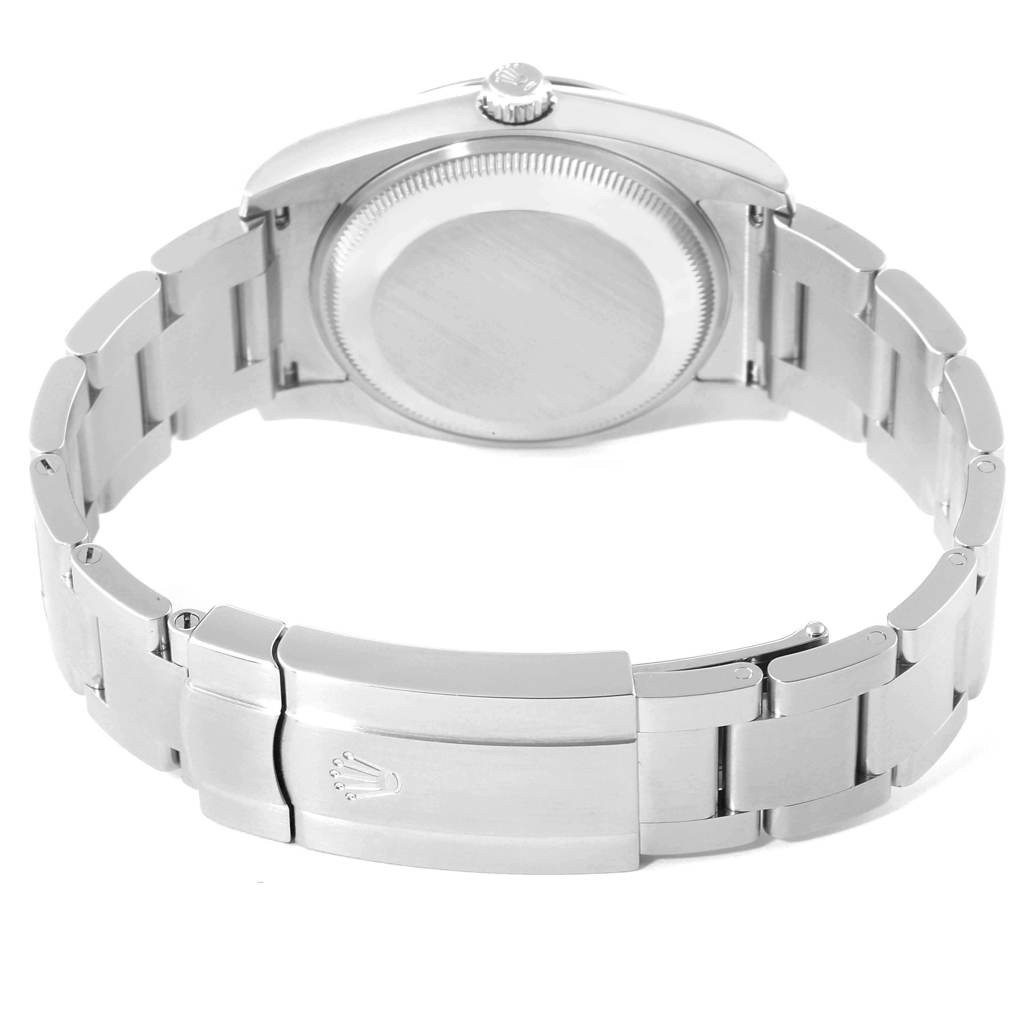 The image shows the back case, crown, and bracelet clasp of the Rolex Oyster Perpetual 114200 Men
s Stainless Steel Green Dial 114200 Men
s Stainless Steel Green Dial watch from a rear angle.