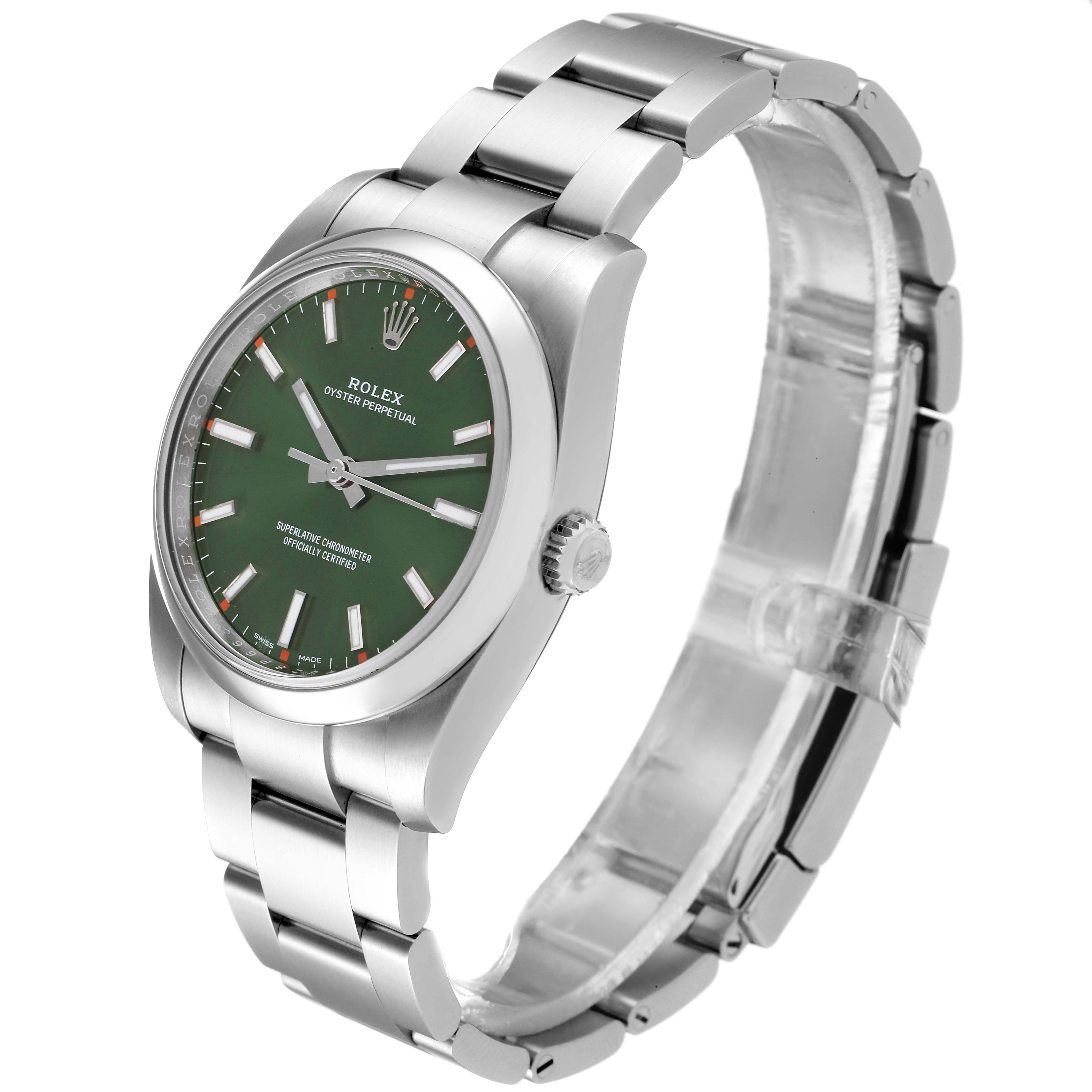 This image shows a Rolex Oyster Perpetual 114200 Men
s Stainless Steel Green Dial 114200 Men
s Stainless Steel Green Dial watch from a slight side angle, highlighting its green dial and stainless steel bracelet.