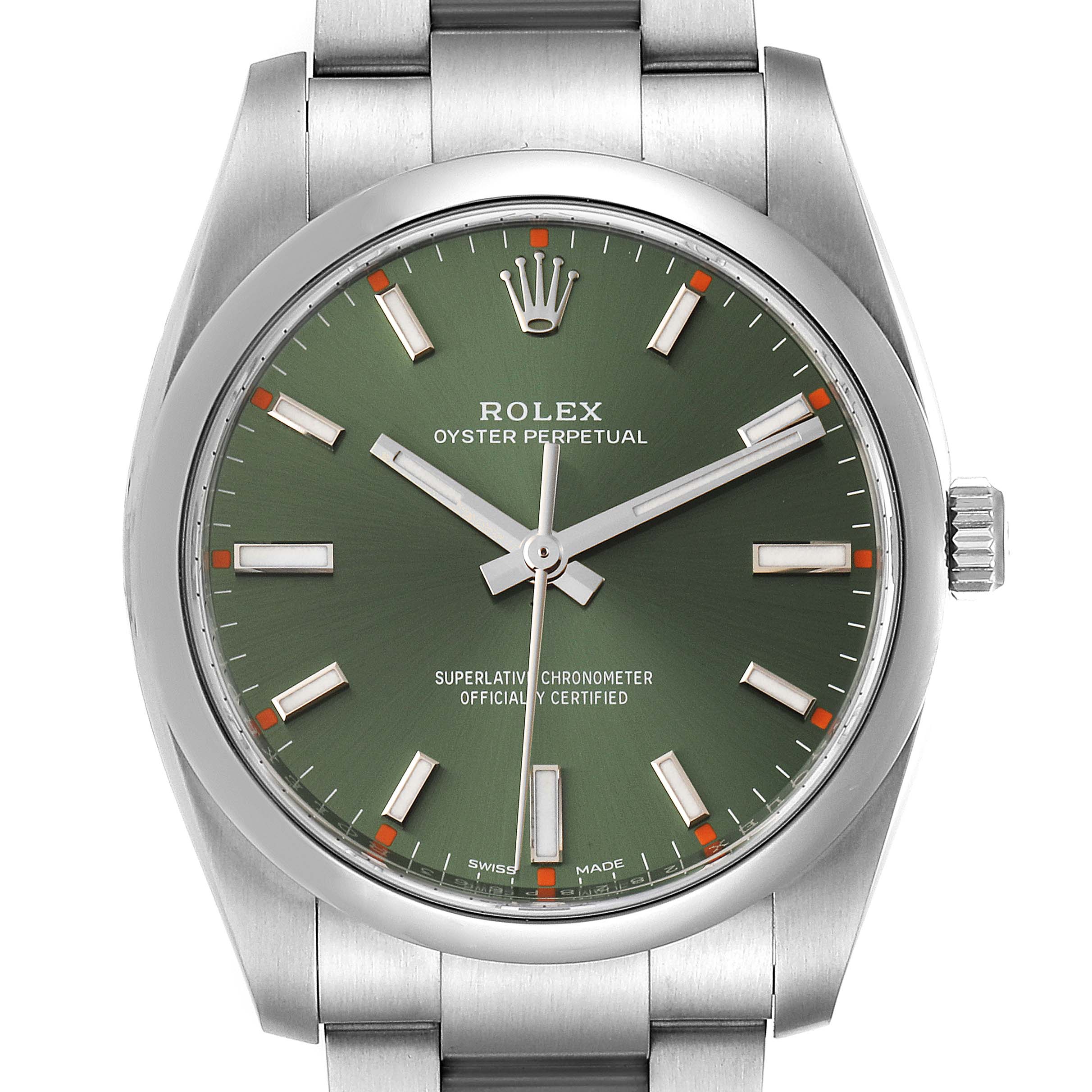 The image shows a front view of a Rolex Oyster Perpetual 114200 Men
s Stainless Steel Green Dial 114200 Men
s Stainless Steel Green Dial watch with a green dial, hour markers, and stainless steel bracelet.