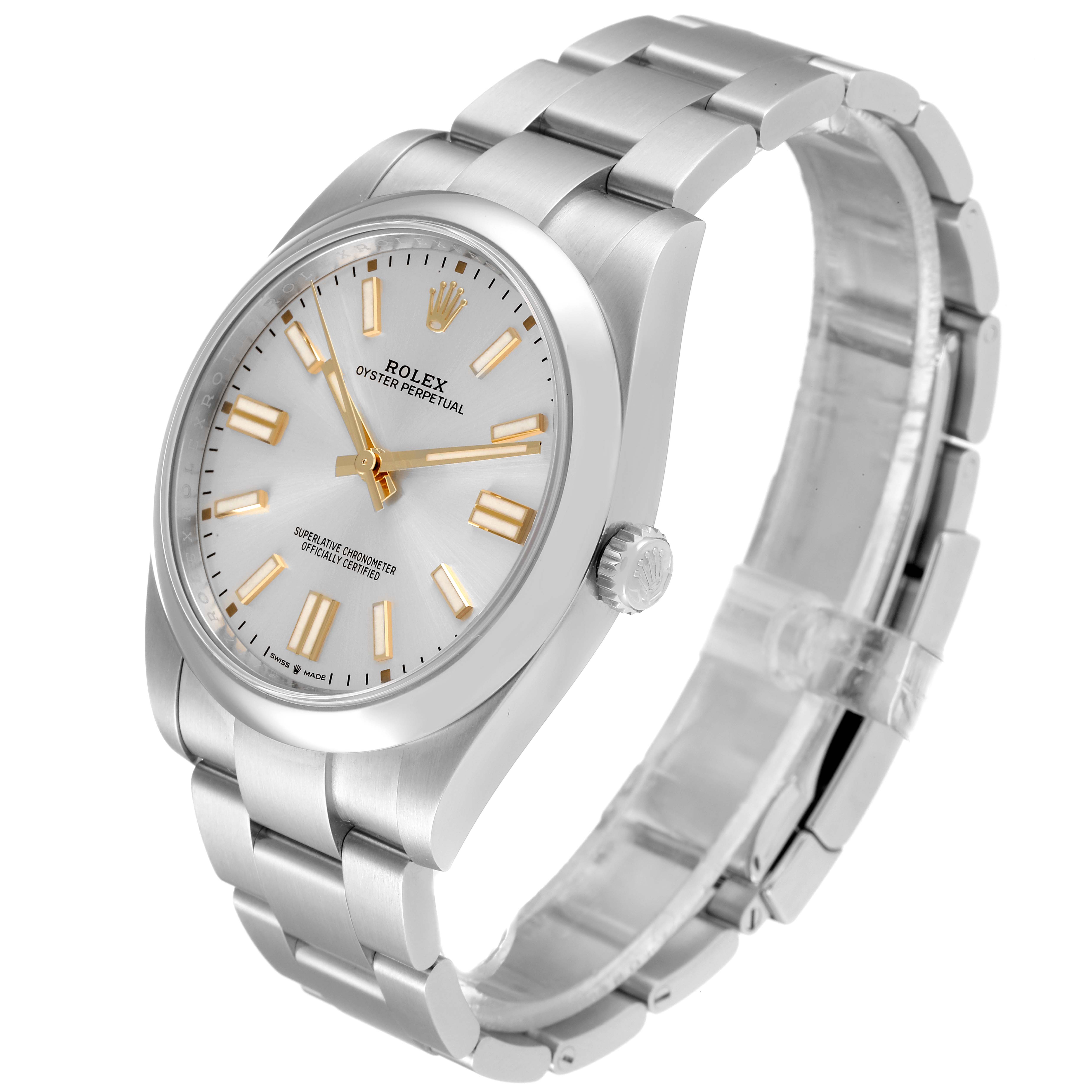 This image shows a Rolex Oyster Perpetual 124300 Men's Stainless Steel Silver Dial 124300 Men's Stainless Steel Silver Dial watch from an angled side view, highlighting the dial, bracelet, and crown.