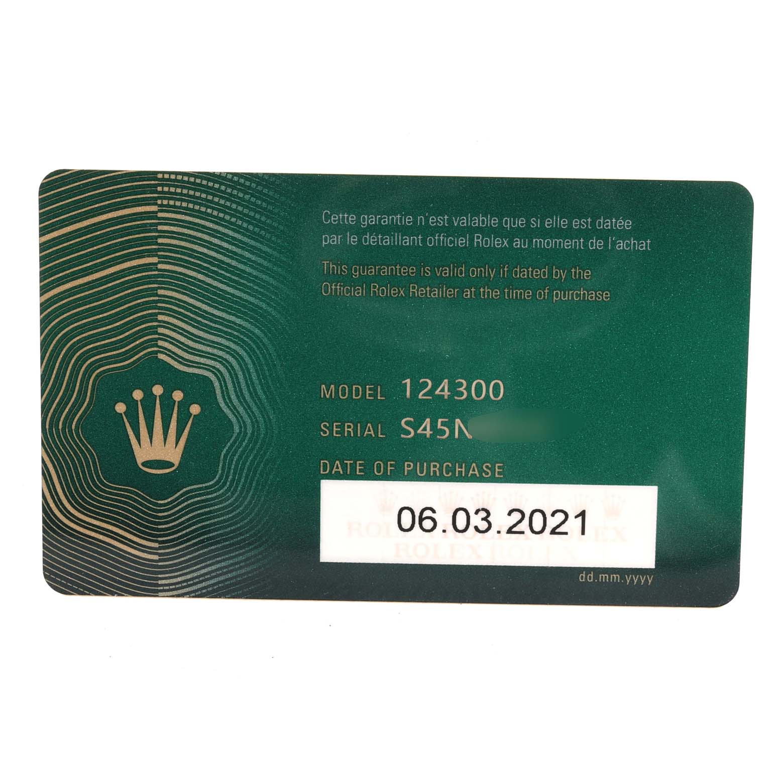 This image shows the warranty card for the Rolex Oyster Perpetual 124300 Men's Stainless Steel Silver Dial 124300 Men's Stainless Steel Silver Dial model 124300 with purchase date details.