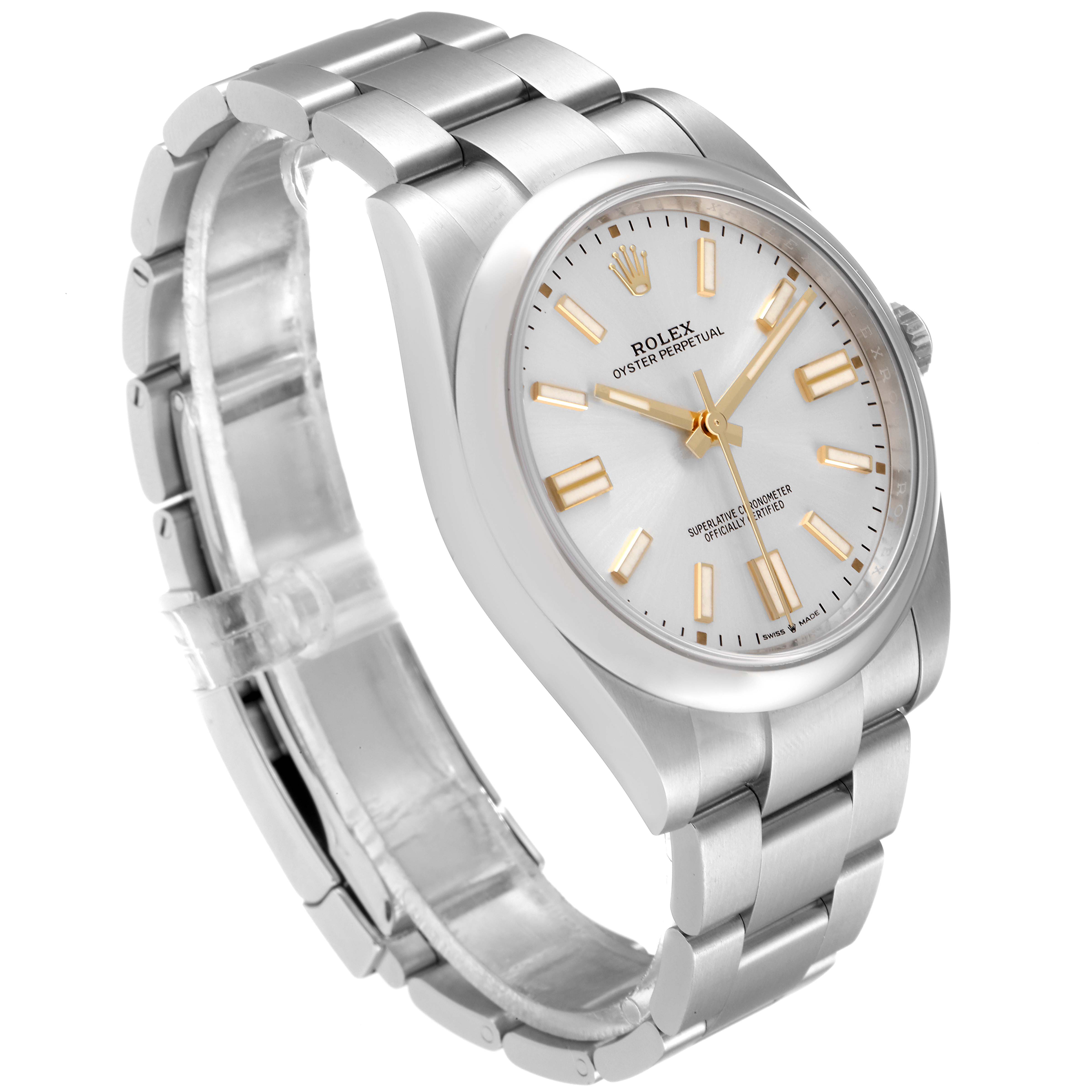 The image shows a side view of a Rolex Oyster Perpetual 124300 Men's Stainless Steel Silver Dial 124300 Men's Stainless Steel Silver Dial watch, highlighting its silver bracelet and white dial with gold hour markers.