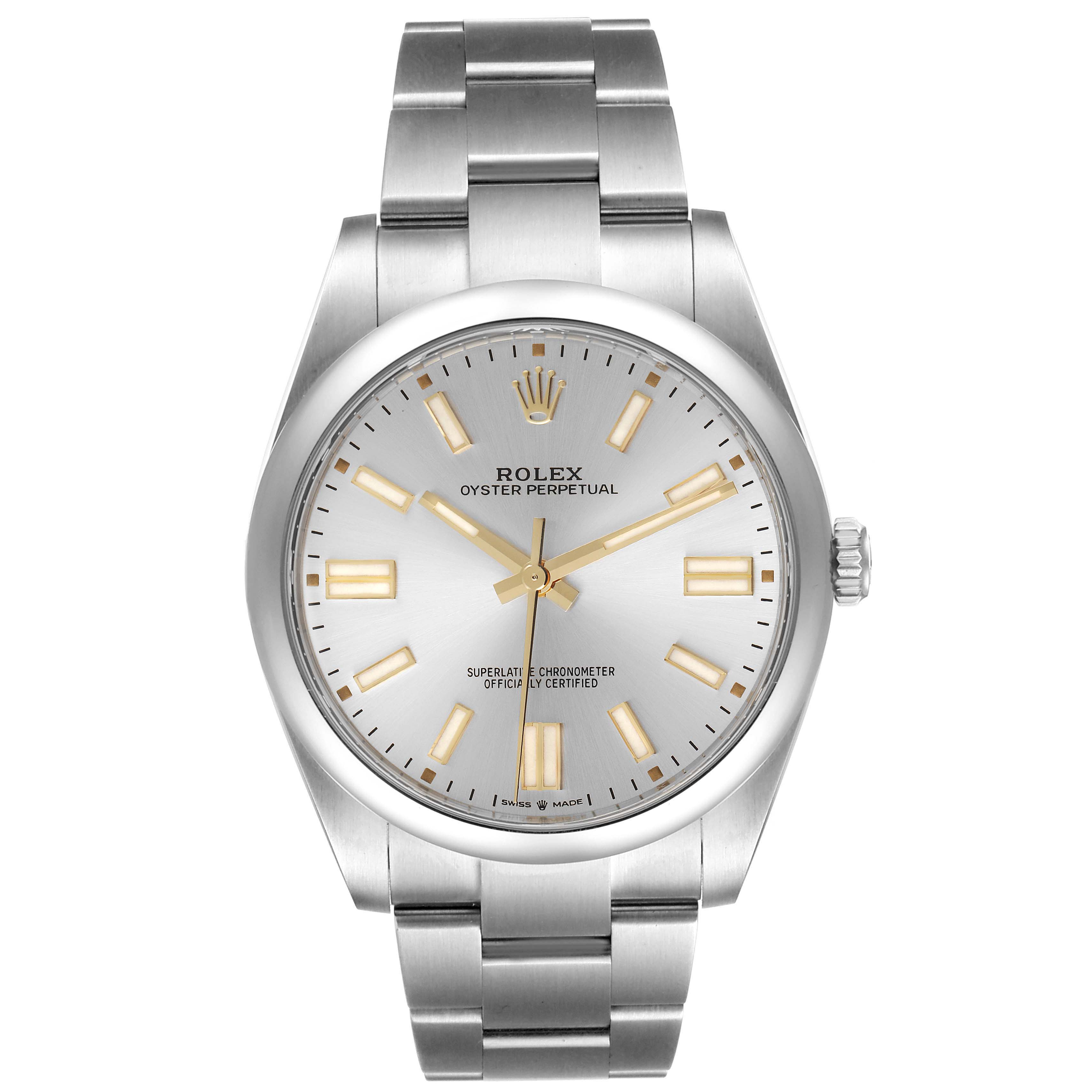 This image shows a front view of a Rolex Oyster Perpetual 124300 Men's Stainless Steel Silver Dial 124300 Men's Stainless Steel Silver Dial watch, highlighting the dial, hands, and bracelet.