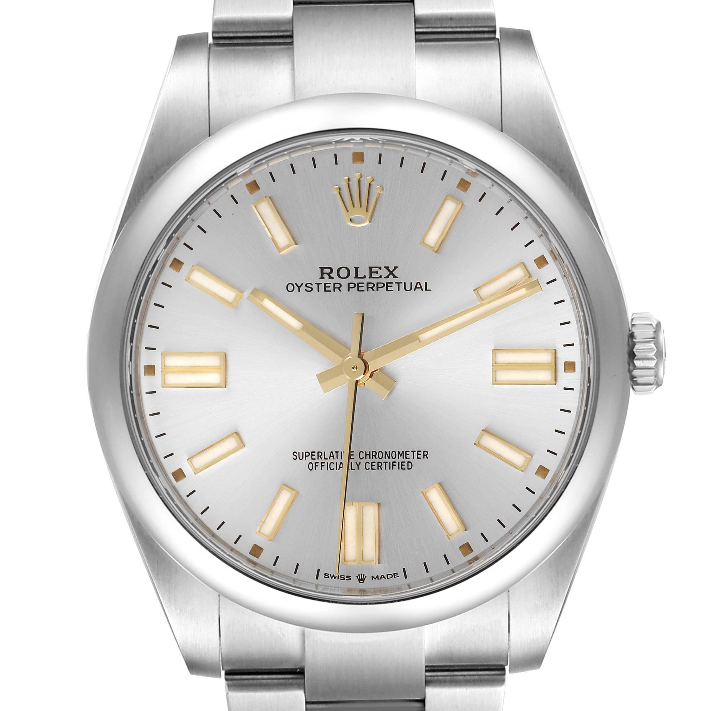 This image shows a front view of a Rolex Oyster Perpetual 124300 Men's Stainless Steel Silver Dial 124300 Men's Stainless Steel Silver Dial watch, highlighting the dial, hands, bezel, and part of the bracelet.