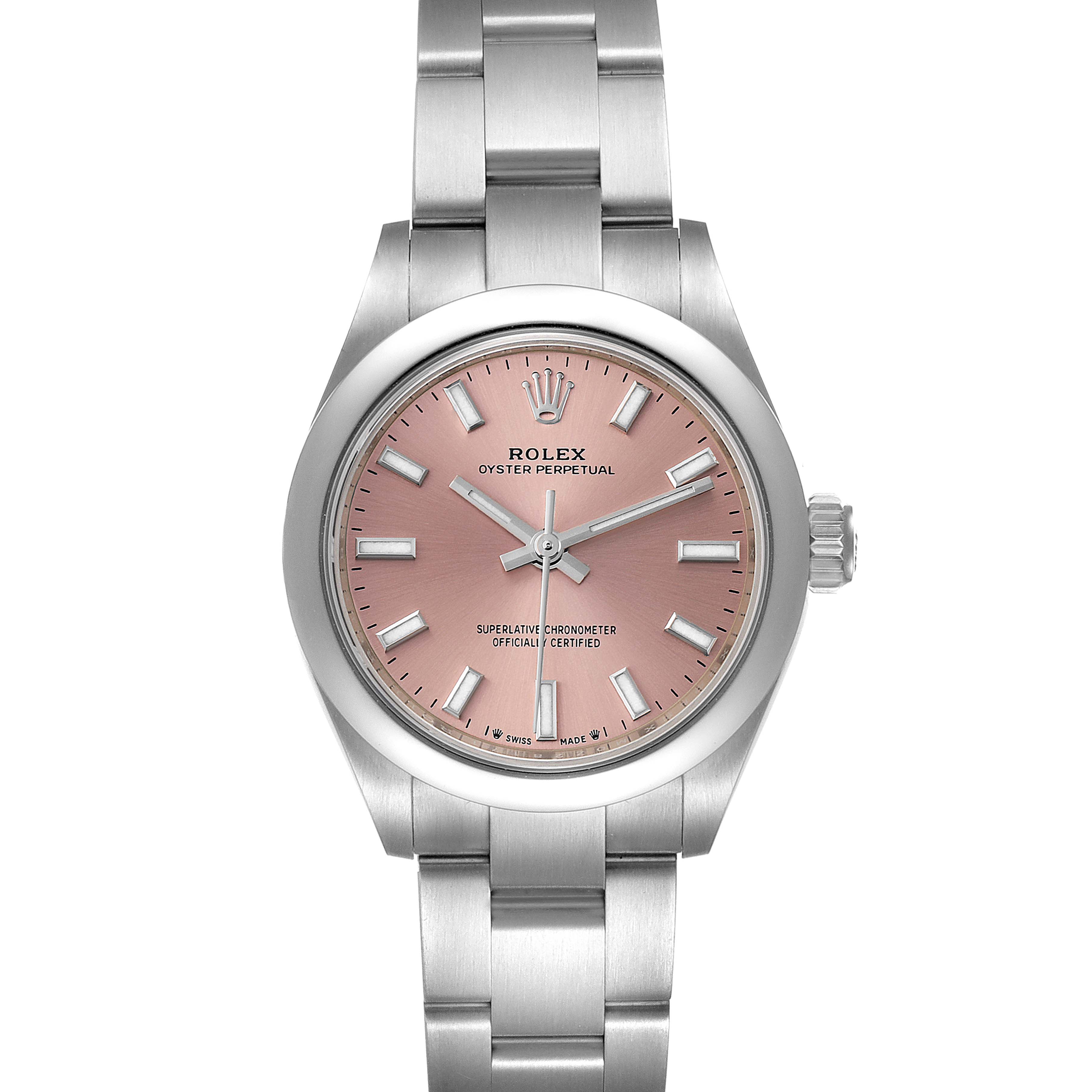 The image shows a frontal view of a Rolex Oyster Perpetual 276200 Women
s Stainless Steel Pink Dial 276200 Women
s Stainless Steel Pink Dial watch, highlighting the bracelet, crown, and pink dial.