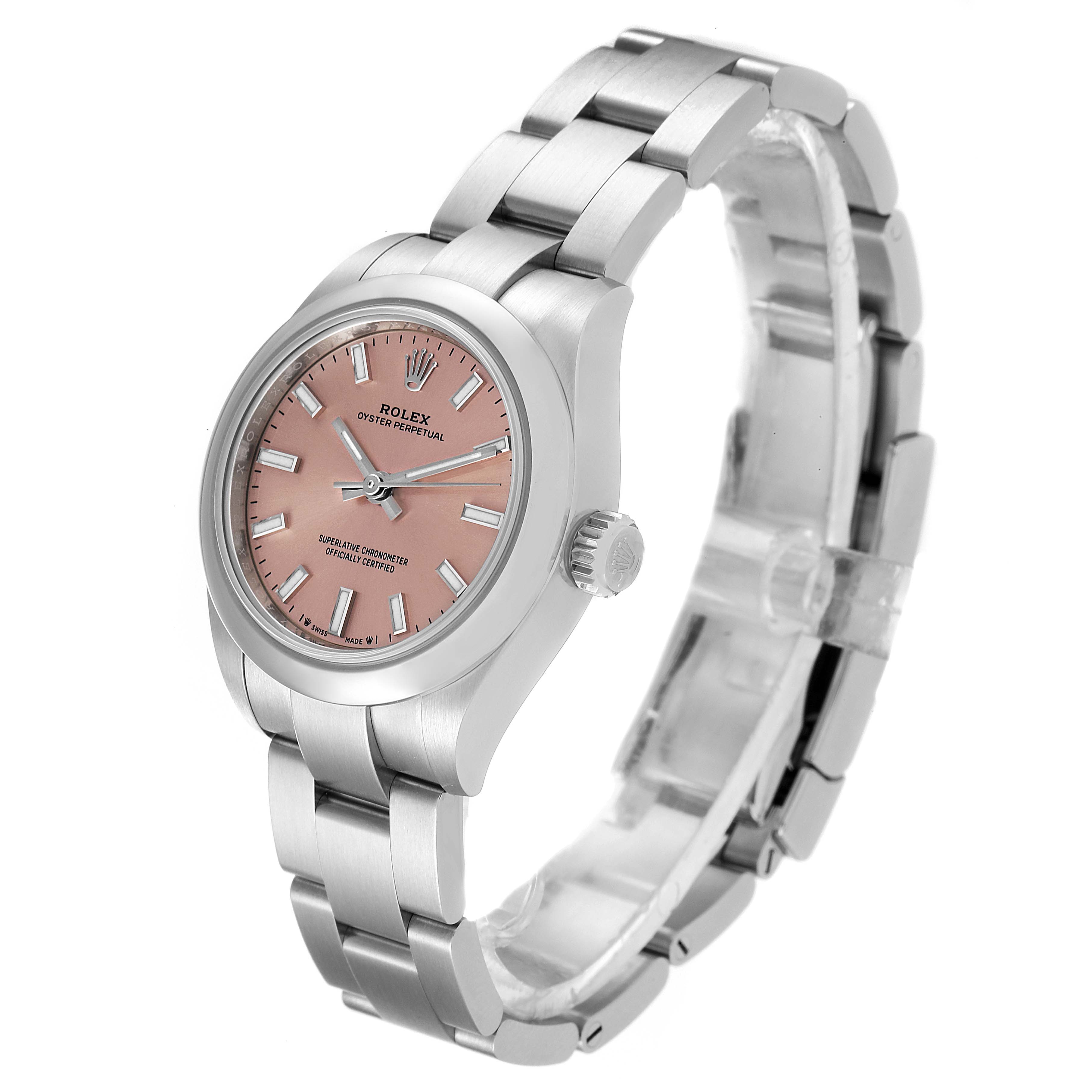 This Rolex Oyster Perpetual 276200 Women
s Stainless Steel Pink Dial 276200 Women
s Stainless Steel Pink Dial watch is shown at a slight angle, highlighting its pink dial, stainless steel case, and bracelet.