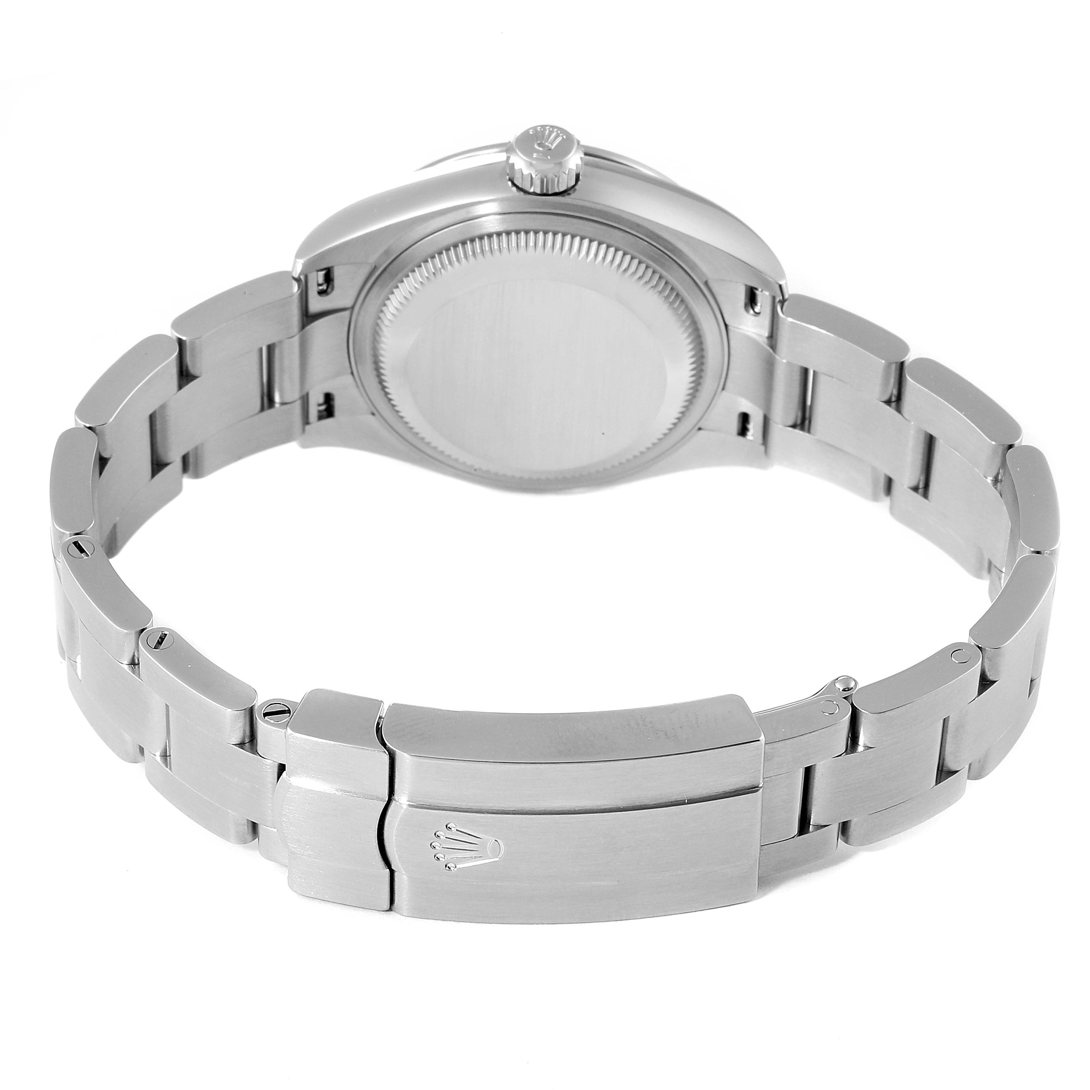 This image shows the back and bracelet of a Rolex Oyster Perpetual 276200 Women
s Stainless Steel Pink Dial 276200 Women
s Stainless Steel Pink Dial watch, showcasing the clasp and caseback.