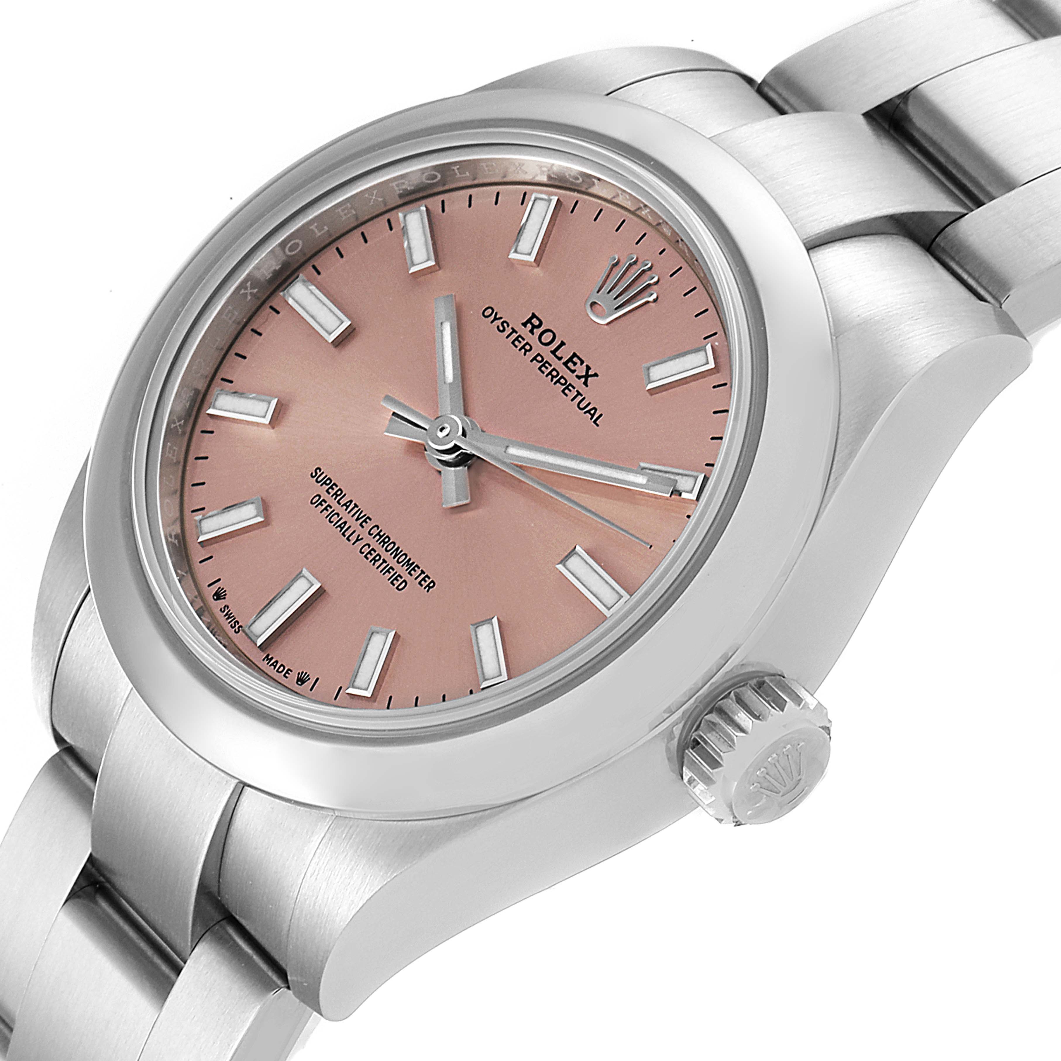 The image shows an angled view of a Rolex Oyster Perpetual 276200 Women
s Stainless Steel Pink Dial 276200 Women
s Stainless Steel Pink Dial watch, highlighting the face, bezel, and part of the bracelet.