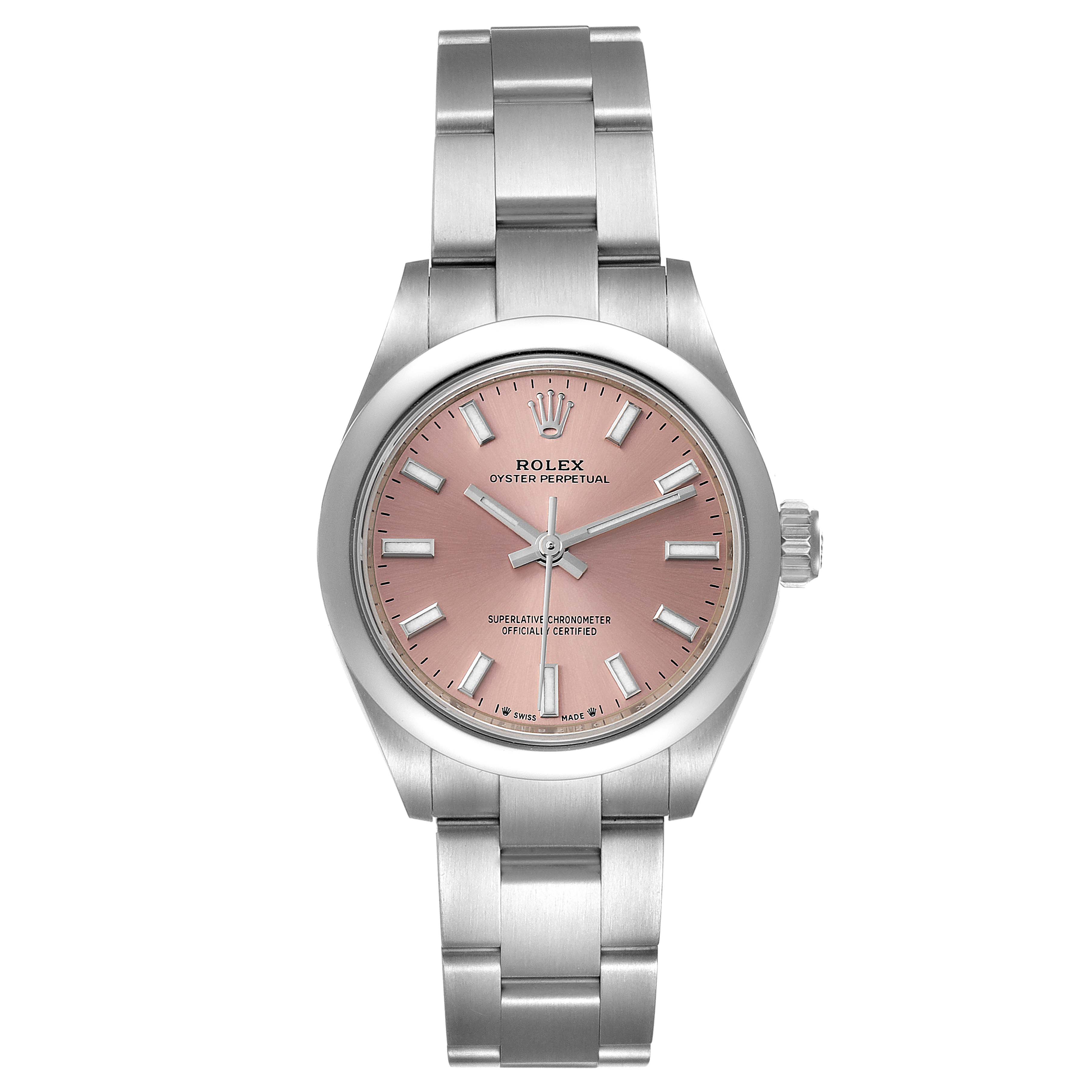 This image shows a front angle view of the Rolex Oyster Perpetual 276200 Women
s Stainless Steel Pink Dial 276200 Women
s Stainless Steel Pink Dial watch, displaying its face, hands, bracelet, and crown.