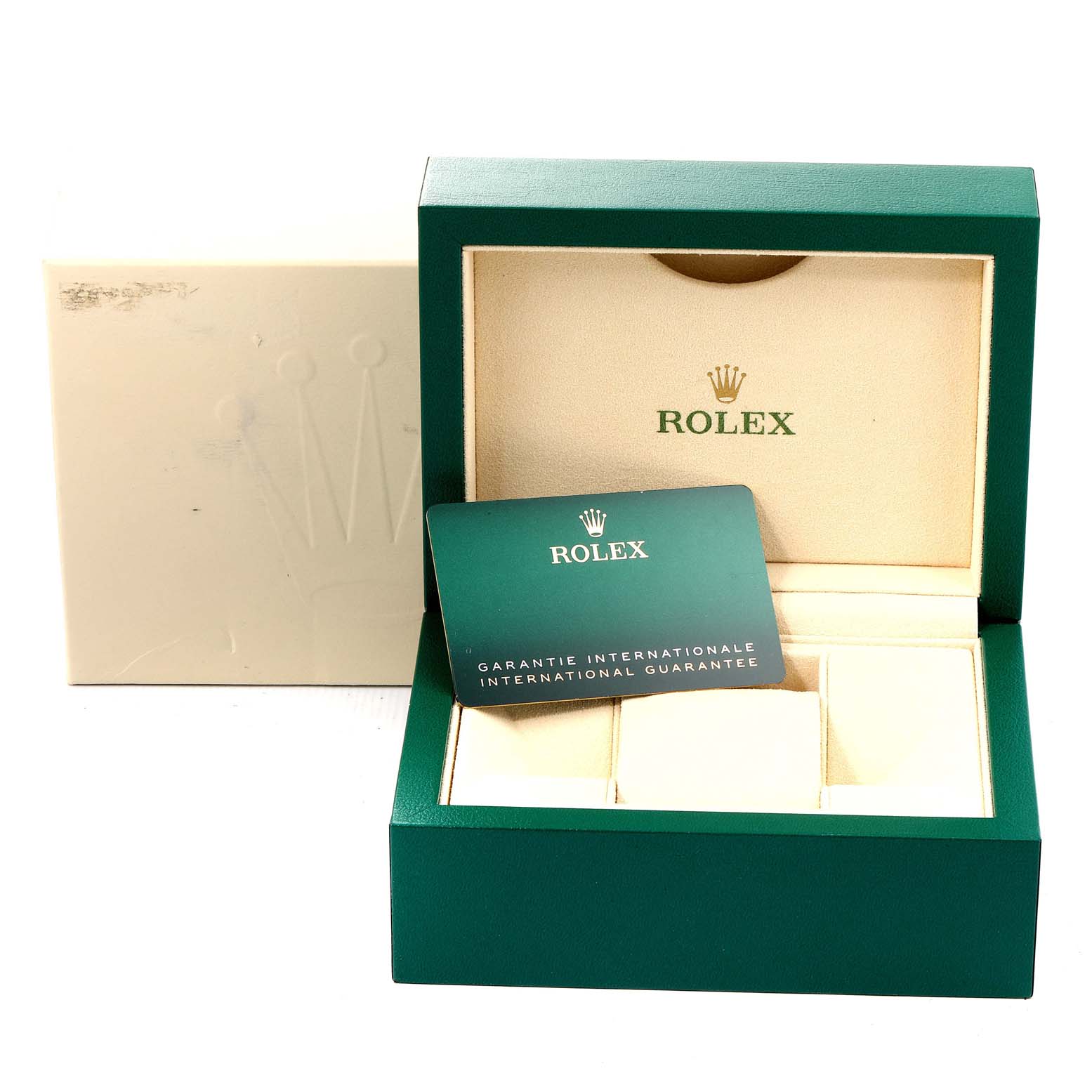 The image shows a green Rolex Oyster Perpetual 276200 Women
s Stainless Steel Pink Dial 276200 Women
s Stainless Steel Pink Dial watch box and guarantee card from a front angle.