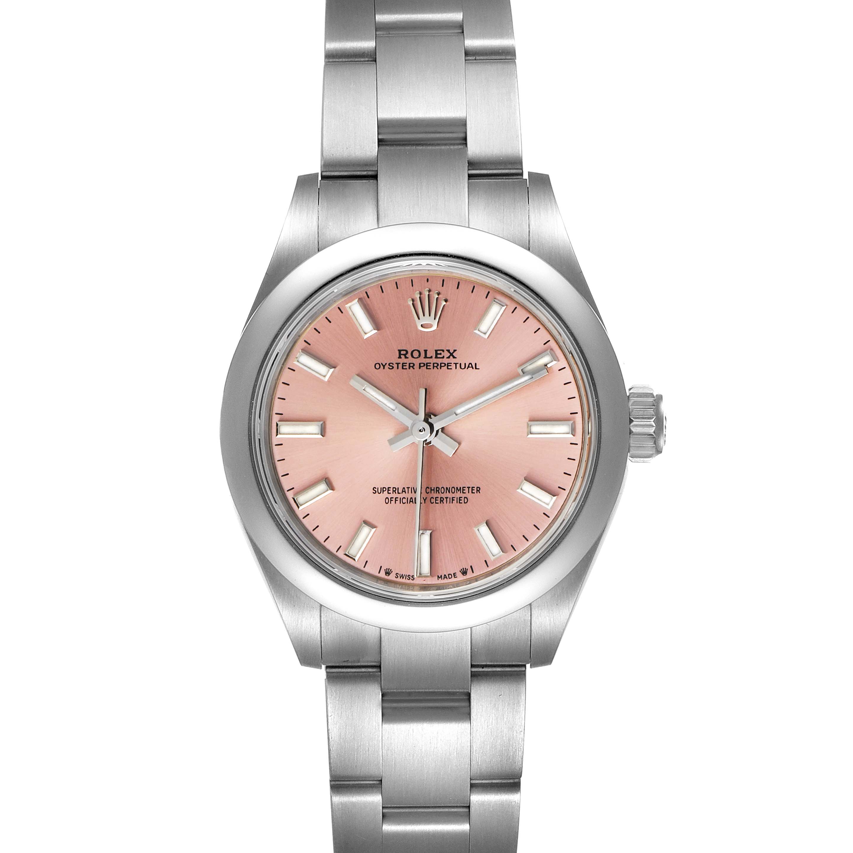 This image shows a front view of a Rolex Oyster Perpetual 276200 Women
s Stainless Steel Pink Dial 276200 Women
s Stainless Steel Pink Dial watch with a pink dial and stainless steel bracelet.