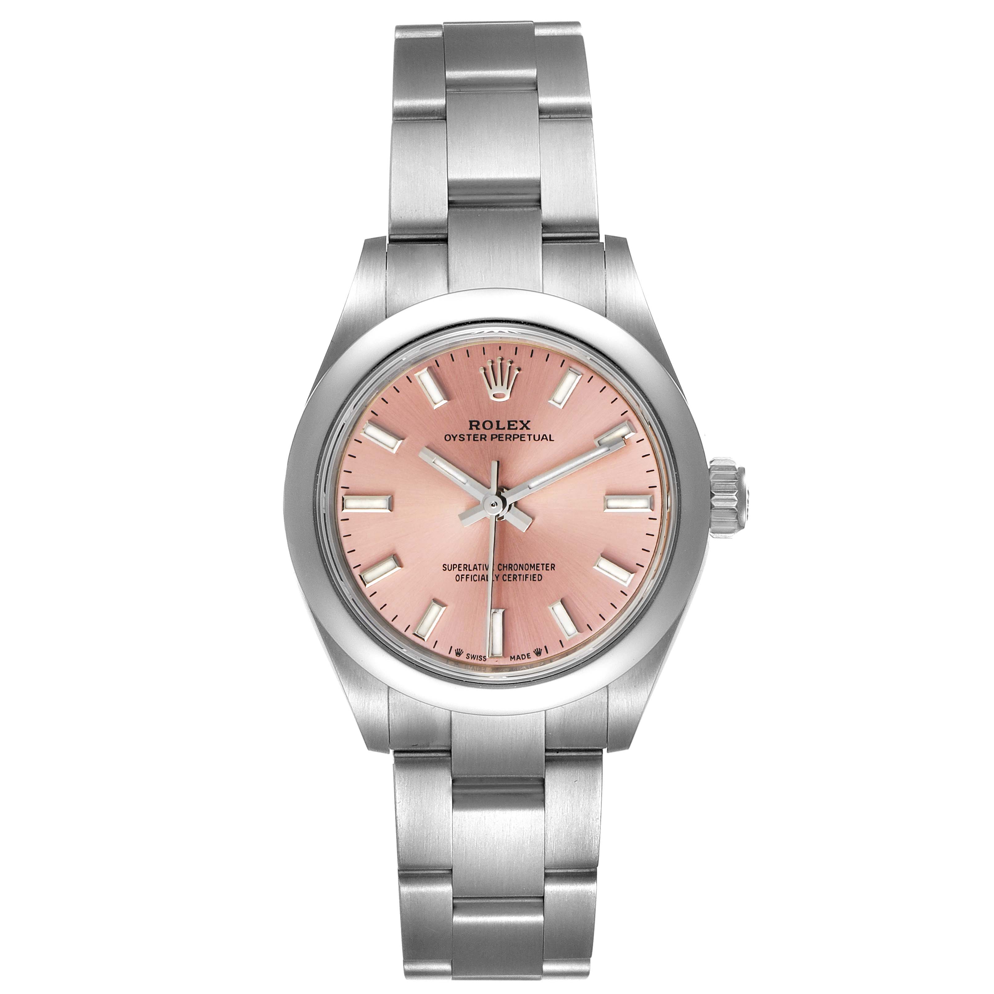 The image shows a frontal view of a Rolex Oyster Perpetual 276200 Women
s Stainless Steel Pink Dial 276200 Women
s Stainless Steel Pink Dial watch featuring a pink dial and stainless steel bracelet.