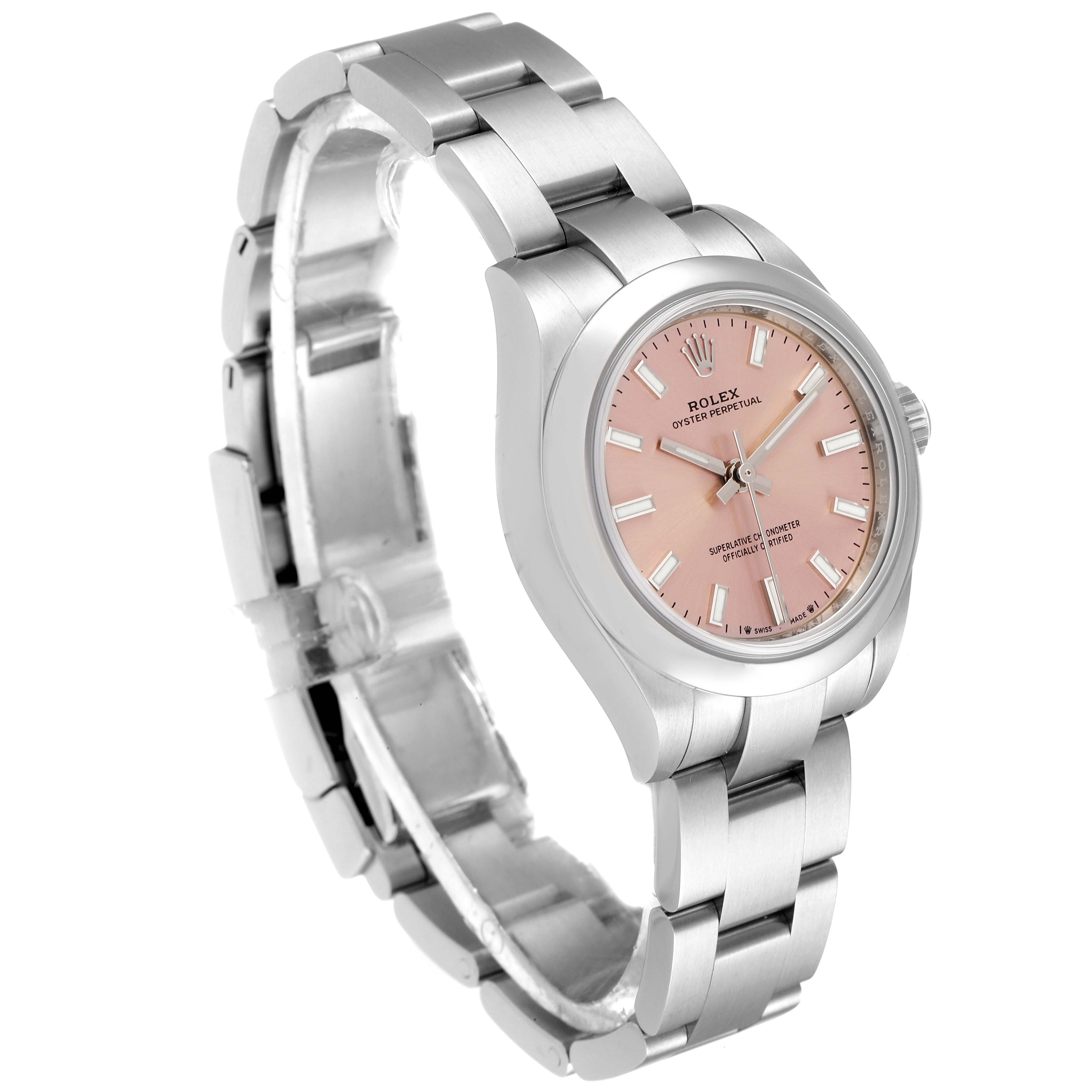 This image shows a side-angle view of a Rolex Oyster Perpetual 276200 Women
s Stainless Steel Pink Dial 276200 Women
s Stainless Steel Pink Dial watch with a silver bracelet and a pink dial.