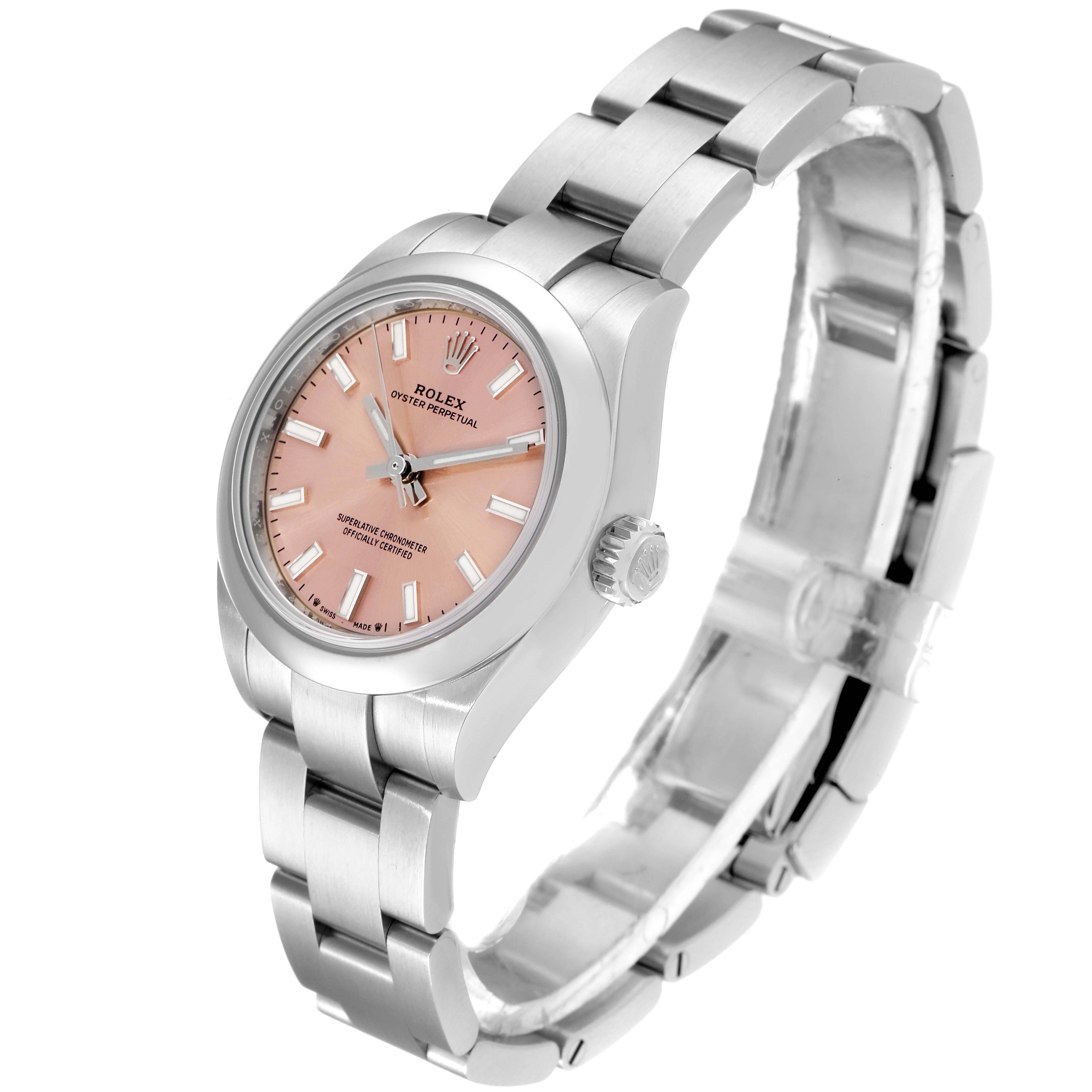 This image shows a Rolex Oyster Perpetual 276200 Women
s Stainless Steel Pink Dial 276200 Women
s Stainless Steel Pink Dial model at a 3/4 angle, highlighting its bracelet, dial, and crown.