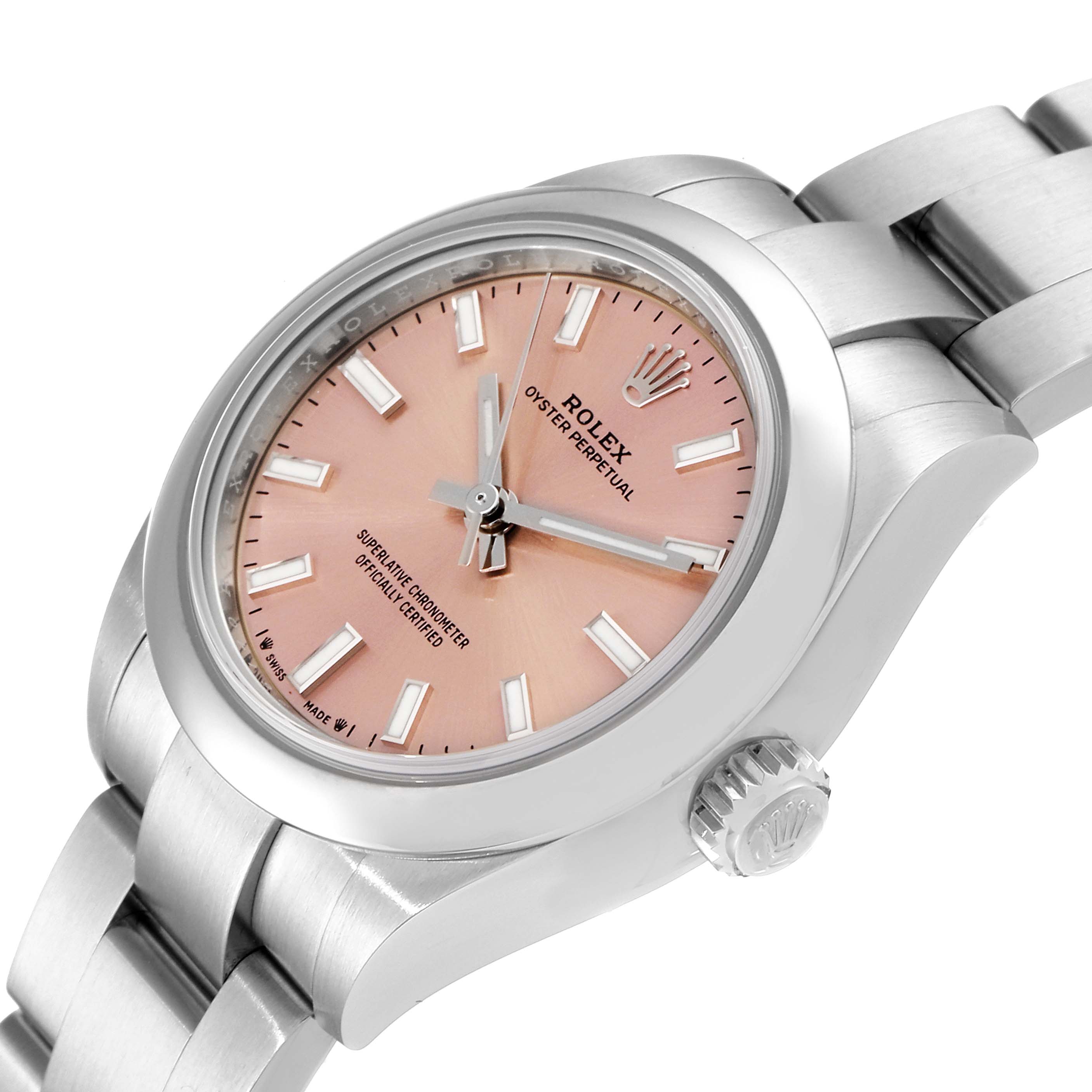 This image shows the Rolex Oyster Perpetual 276200 Women
s Stainless Steel Pink Dial 276200 Women
s Stainless Steel Pink Dial watch at an angled view focusing on the face, crown, and bracelet.