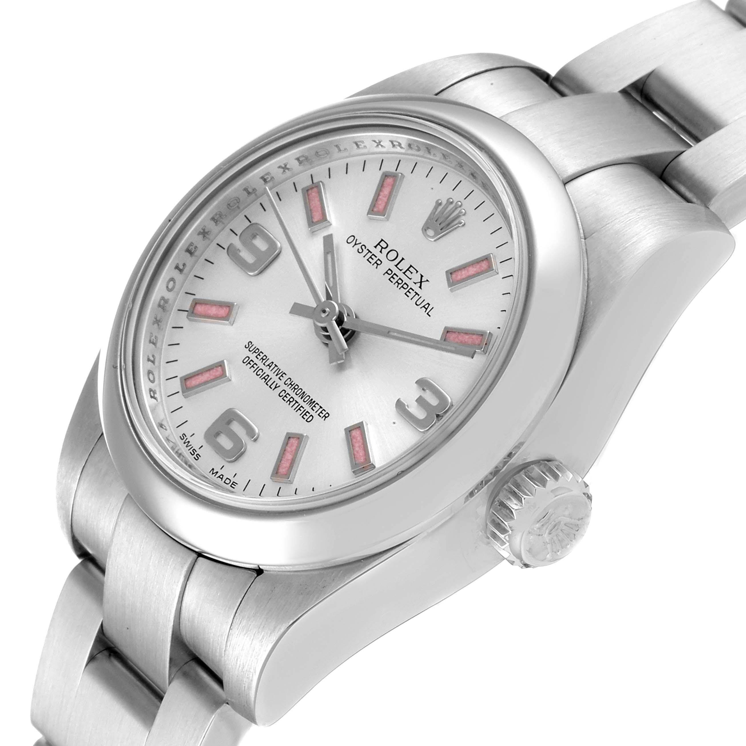 The image shows a side angle view of a Rolex Oyster Perpetual 176200 Women's Stainless Steel Silver Dial 176200 Women's Stainless Steel Silver Dial watch, displaying the face, crown, and bracelet.